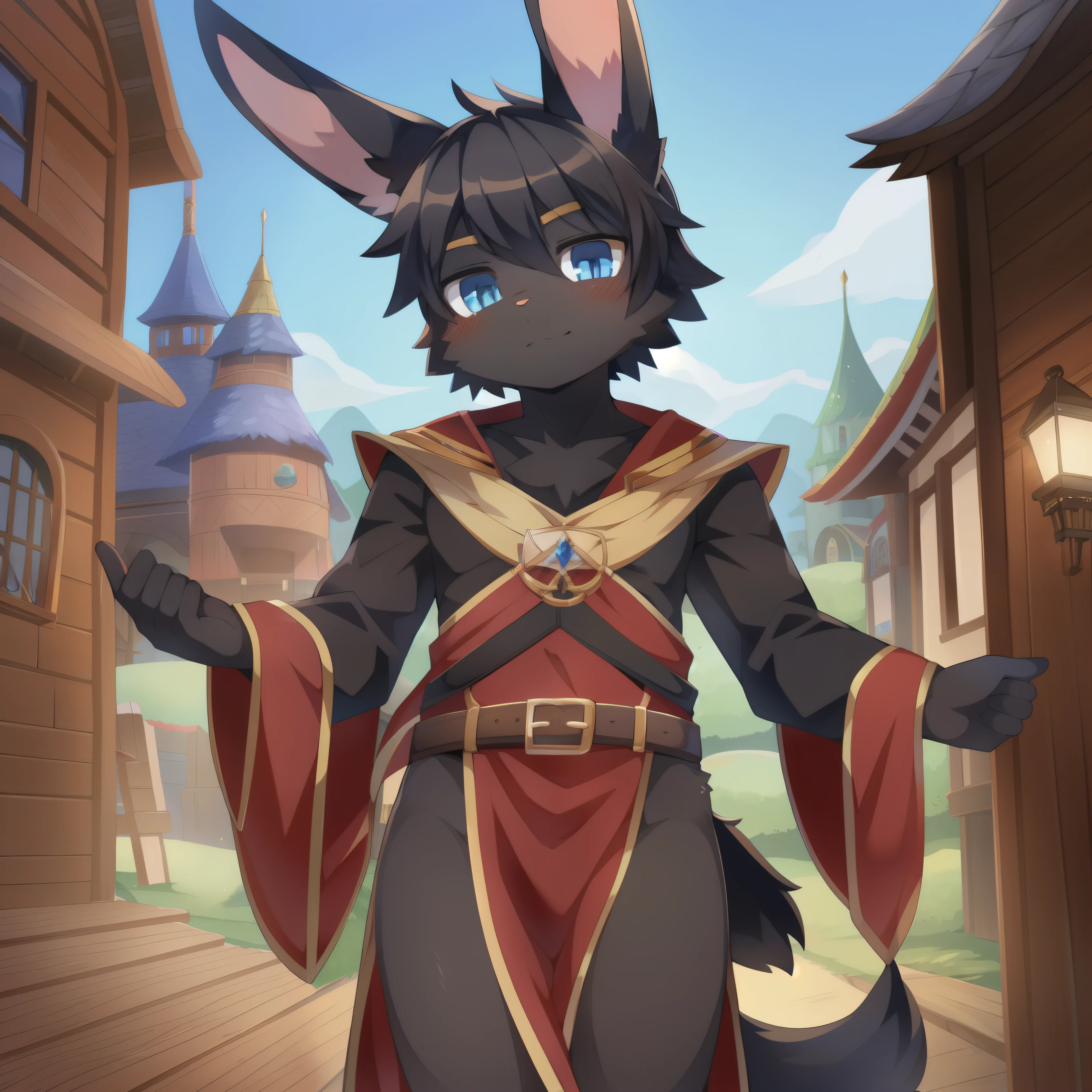 masterpiece, solo, 1boy, Furry, kemono, furry rabbit, anthropomorphic, male, black fur, black skin, blue eyes, wizard clothes, sexy clothes, fantasy town, femboy, uploaded on e621,