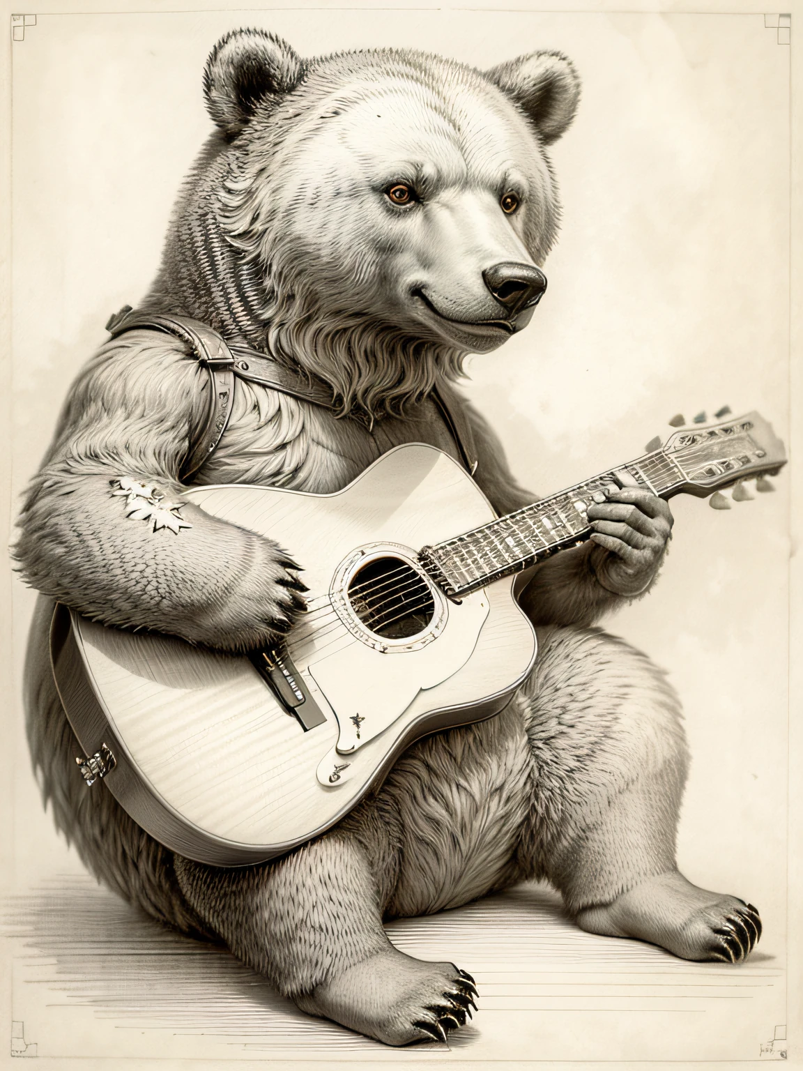 The stand tall bear is playing the guitar with great feeling drawn by hand, with black pencil lines, white background, vintage style