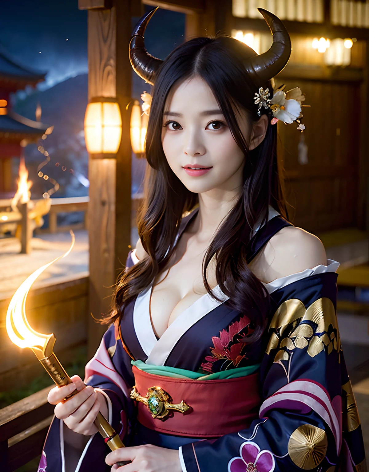 (((masutepiece,))),Professional , ​masterpiece、top-quality、photos realistic , depth of fields 、Raw photo、女の子1a person、glowy skin、（sexypose）、(Black maple on the background of full bloom),（Ultimate Beauty）、A dark-haired、Mystical expression、Light Effects、intense fighting、Wind-effect、ultrasharp、（shrine background)、（Kimono with beautiful pattern）、（Midnight background）、Beautiful hair ornament on the head、,(intense fighting）,（（Precipitous cliffs））,(Wear a beautiful kimono),（Wear a colorful and beautiful kimono）、cleavage of the breast、（Japan Castle Background）、Jewel Gold Weapon、Particles of light),(intense fighting）、Gorgeous gold weapons ,Castle background、（（ Gorgeous Dragon Sword）） , （a dark night）,,（maikurobikini） 、（（Black Haired Beautiful Girl））、（Castle background）、（demonic wings）、（（Gangle's forest background））、Beautiful Caucasian beauty、１a person、dynamic ungle,(((Two devil's horns on the head)))、Smaller head、Idle Smile、Thin and beautiful female hands、Mystical expression、Light Effects、intense fighting、Wind-effect、magic circles、With the legendary magic wand、Dragon's tail、Anatomically correct fingers、Full Body Angle、Anatomically correct number of fingers、