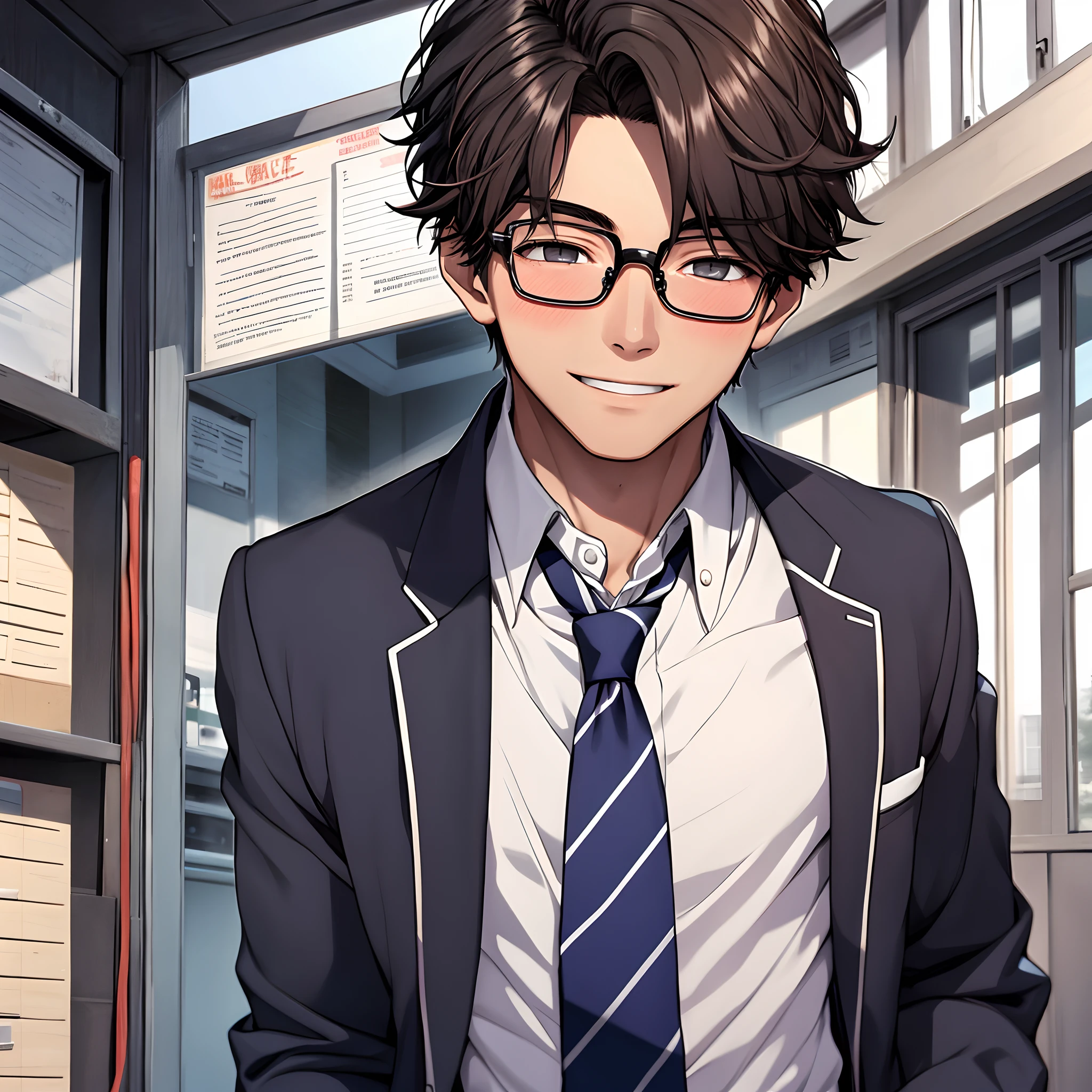 ((1boy)), wearing a high school uniform and glasses on his face, male, blush, smile, young, solo