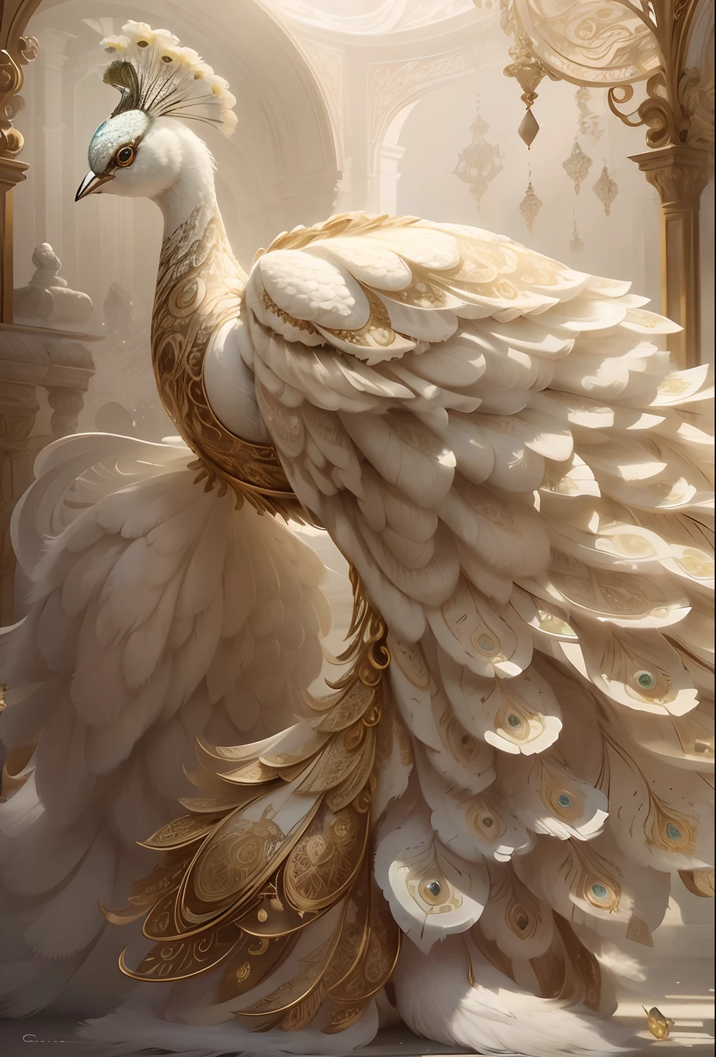 best quality, a stunning artwork of a beautiful white peacock, intricately detailed, (best shadow), elegant, volumetric lighting