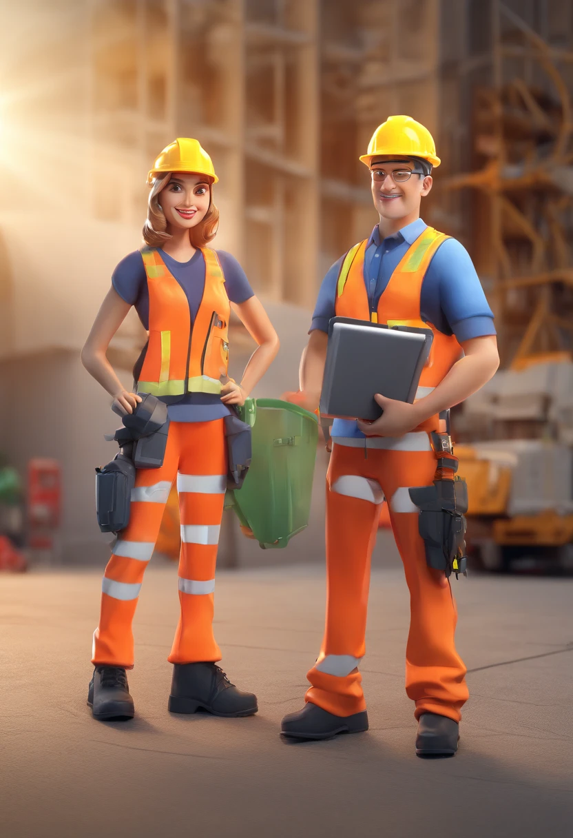 Cartoon-style 3D models of a couple of construction workers, hombre y mujer, con equipo de seguridad con cara estilo 3d cartoon, Current era, con equipo de seguridad ppe, year 2023, botas de seguridad, casco de seguridad, guantes de seguridad, lentes de seguridad