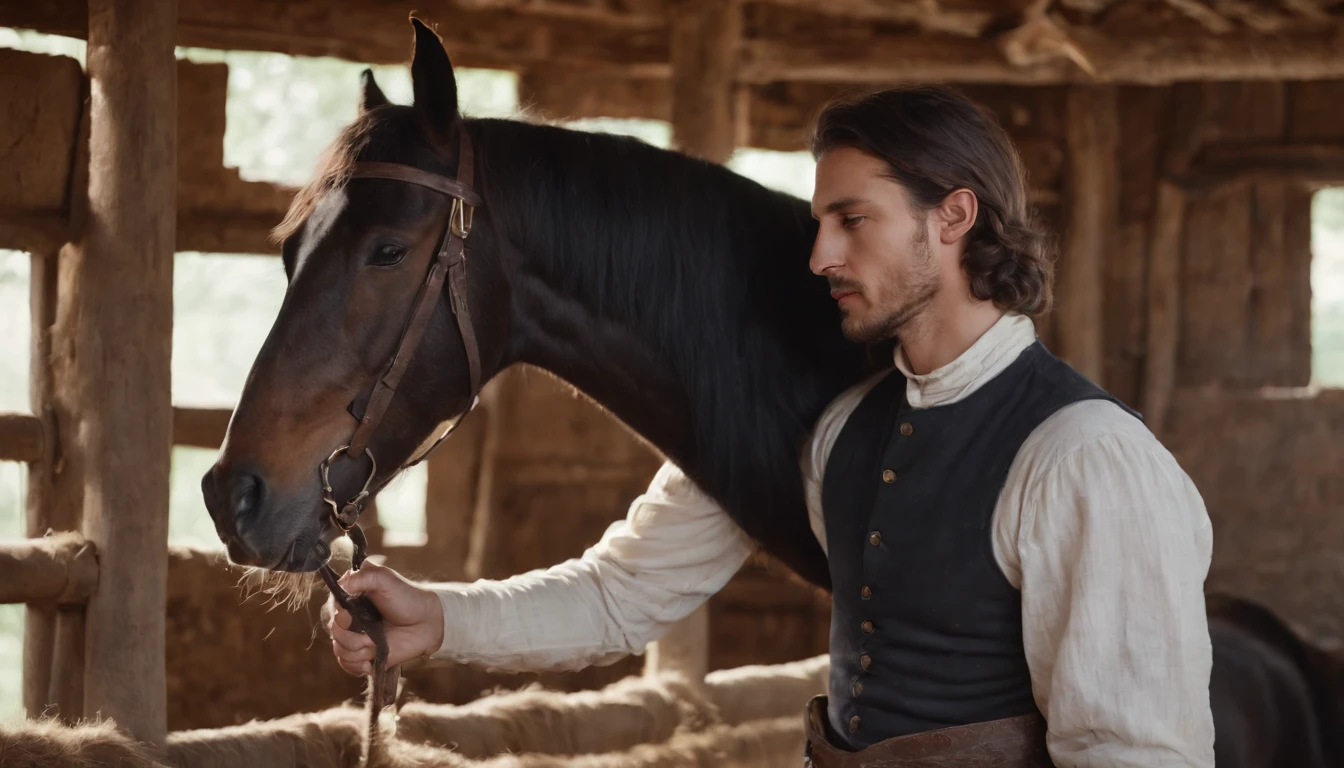 medieval hungarian young gypsy man works in stables, tending to dark coated Furioso North Star Mare Horse, daytime, ultrarealistic, textured skin, ultradetailed