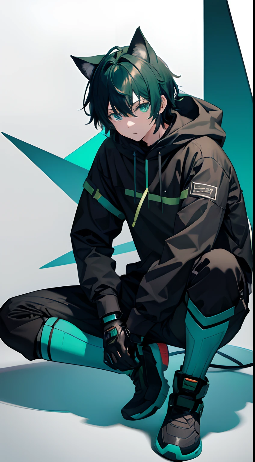 anime boy 8k, best quality, RAW photo, winter costume, Style: Techwear colors: green-black-cyan details: cat-ear hoodie, boy, messy hair, Full body front design, sitting pose, mecha behind