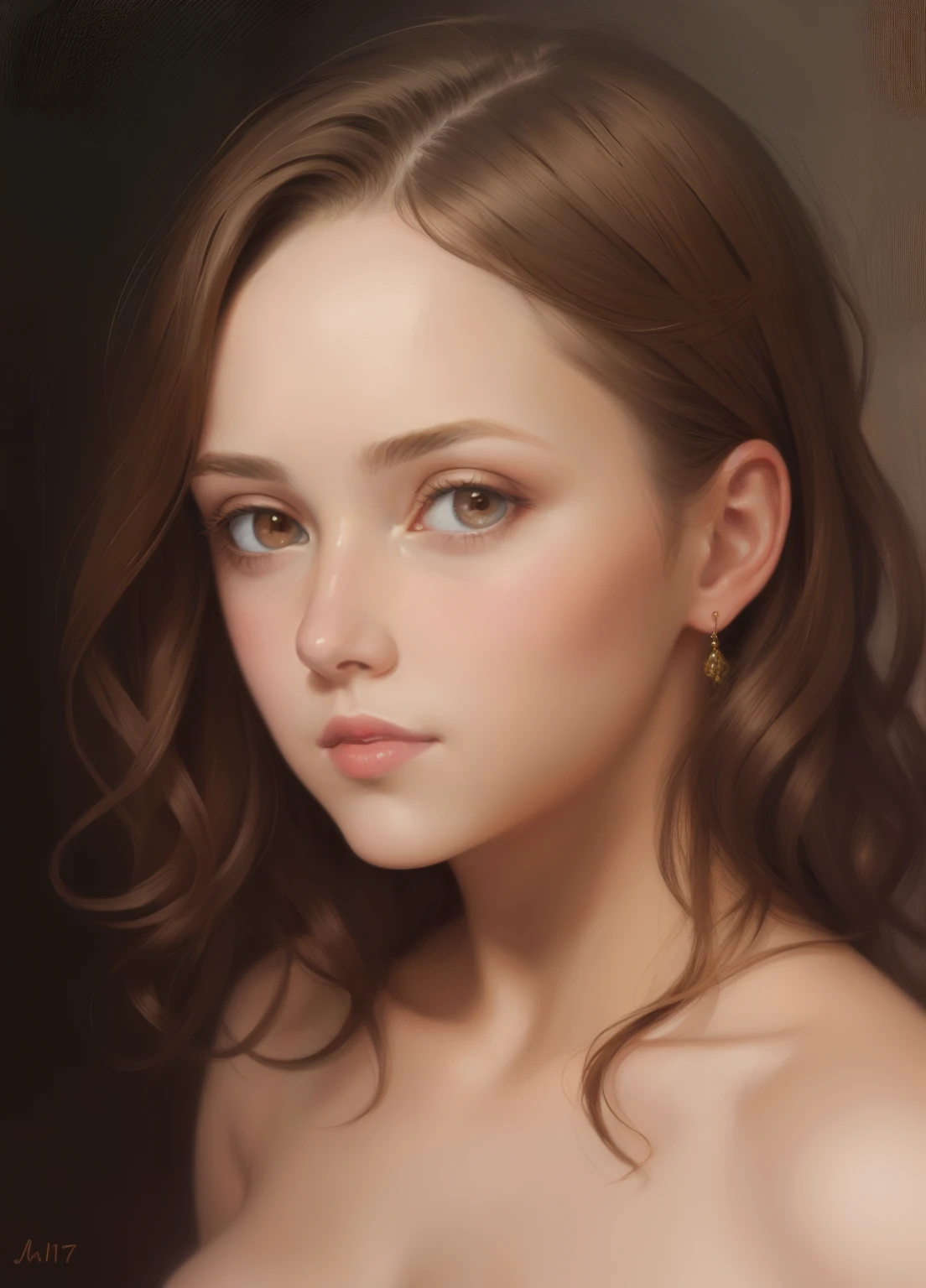 1girl, beautiful teenage girl, very small breasts, short wavy brown hair, portrait, oil painting, modern, realistic proportions, intricate, intricate details, sharp focus