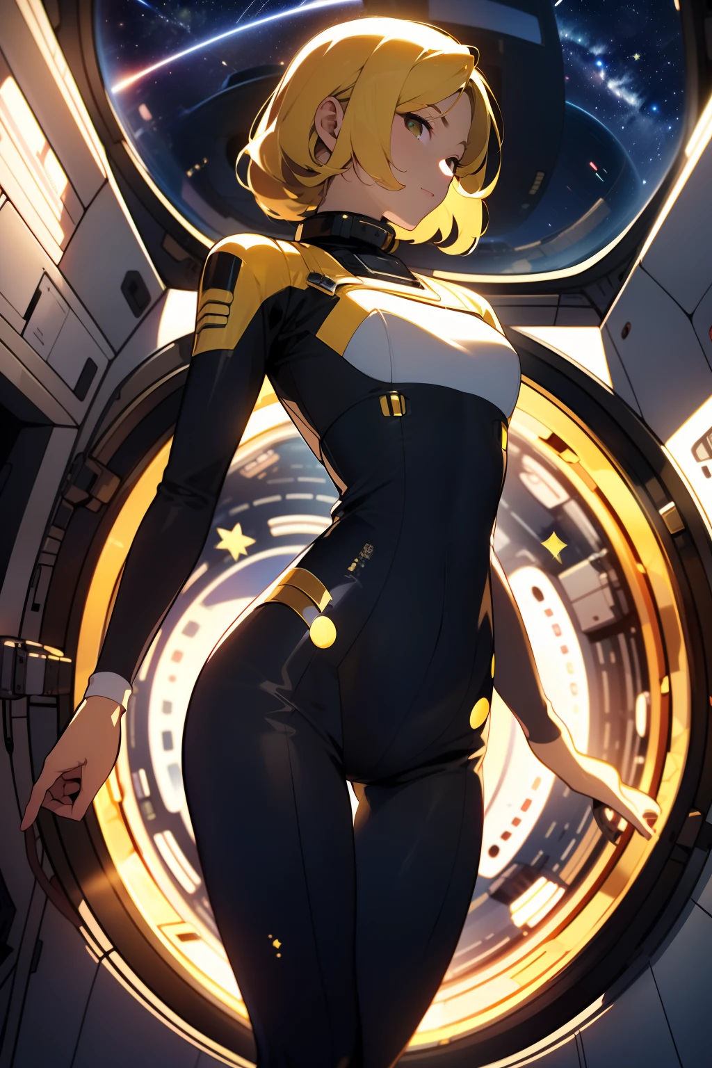 (masterpiece, best quality:1.2), , solo, 1girl, mori yuki, slight smile, closed mouth, from side, turned to look at viewer, blonde hair, thigh gap, yellow bodysuit, yellow-gold, skin-tight, perfect body, large window, (starship porthole:1.3), sideview, (slightly spread legs), (standing:1.1), nice thighs, perfect hands, bright starship interior, (outer space view:1.1), (orbital view:1.3), (night, stary sky:1.5), milky way