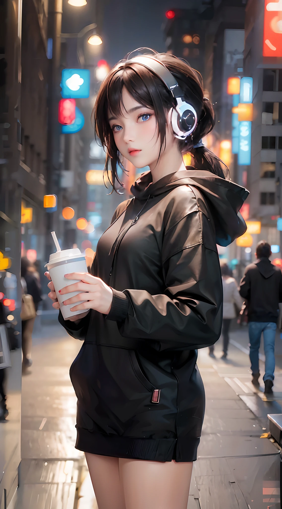 ((top-quality)), (((​masterpiece)), (detaileds: 1.4), 3D, Beautiful Cyberpunk Woman Image, bob cuts, Broken black tights, leather clothes, Electromechanical, nffsw(HighDynamicRange), Ray traching, NVIDIA RTX, Hyper-Resolution, Unreal 5, Sub-surface scattering, PBR Texture, Postprocess, Anisotropy Filtering, depth of fields, Maximum sharpness and acutance, Multilayer Texture, Albedo and Highlight Maps, Surface Coloring, Accurate simulation of light-material interactions, perfectly proportions、octane renderings、two tone lighting、Large aperture、Low ISO、White Balance、thirds rule、8K Raw、​masterpiece、top-quality、(8k extremely detailed CG unit wallpaper)(top-quality)、(The best illustrations)、(Best Shadows), blue eyes, body swimsuit, ponytail, sweater, detailed headphone