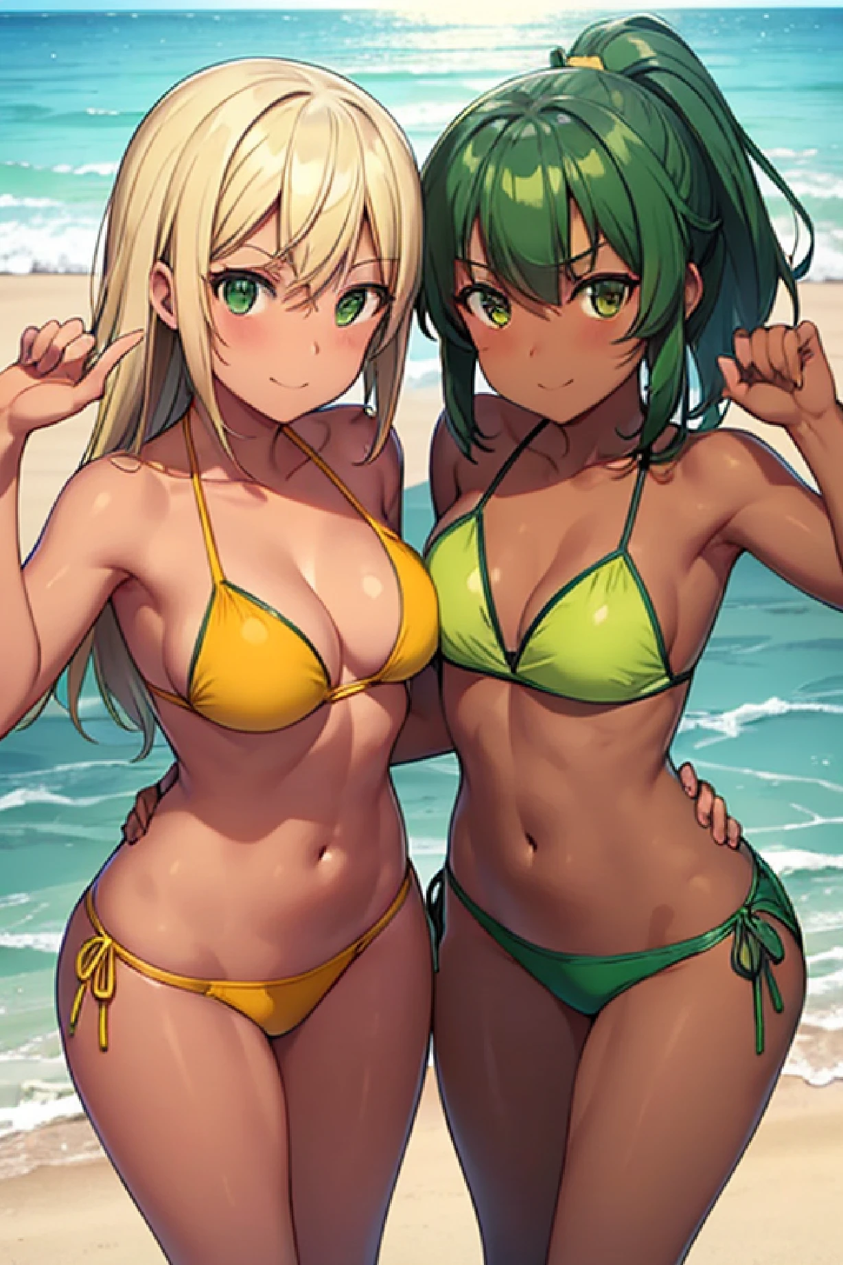 Two tanned skinned girls in green and yellow bikini standing on the beach victory pose