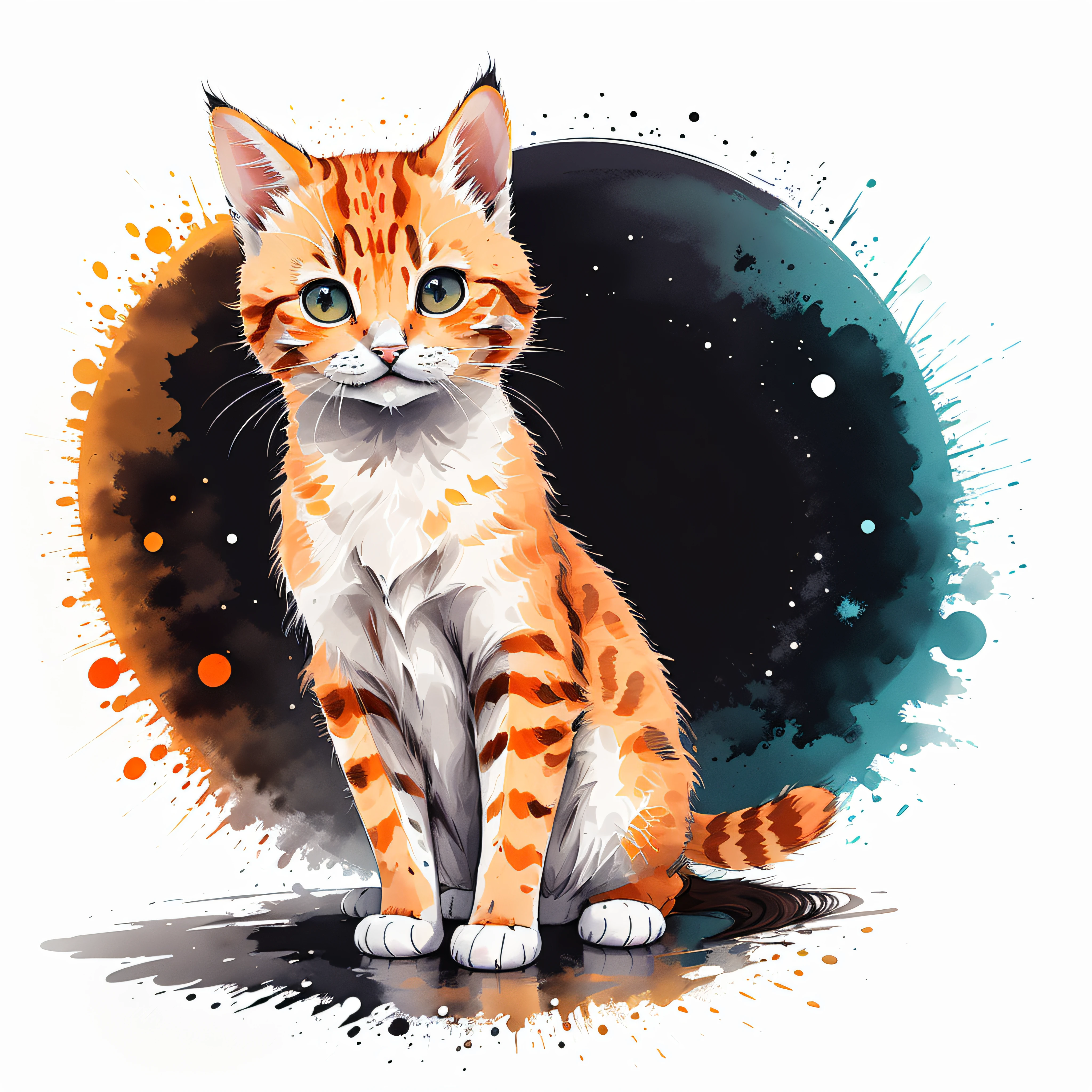 circular design, logo art, (orange cat), fantasy, colorful, vintage, charming: white background, lowbrow art, digital illustration, radiant; gouache, 16k, minimalistic, doodle, CGSociety, solarpunk, crispy quality, sharp, bright, volumetric lighting, intricate, ample negative white space, as a logo, as a t-shirt logo in the style of art,  vladstudio ,