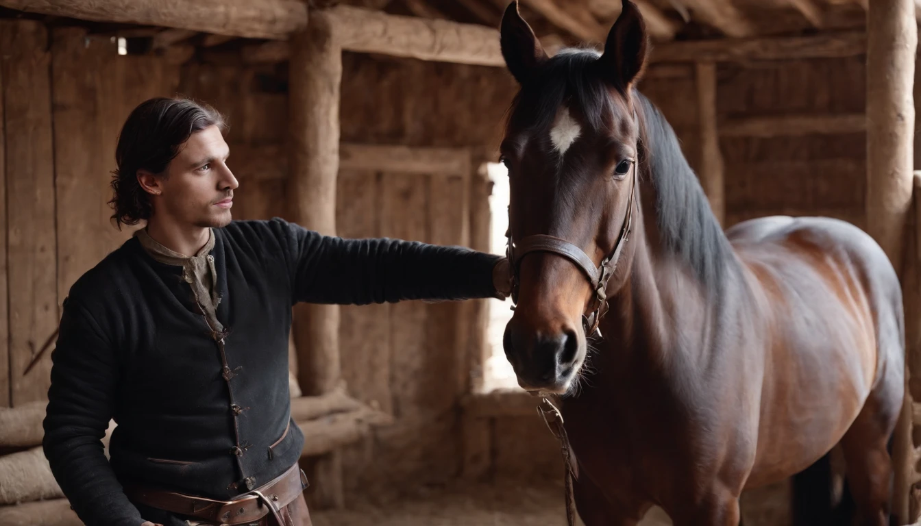 medieval hungarian young gypsy man works inside stables, tending to dark coated Furioso North Star Mare Horse, daytime, winter, snow ultrarealistic, textured skin, ultradetailed