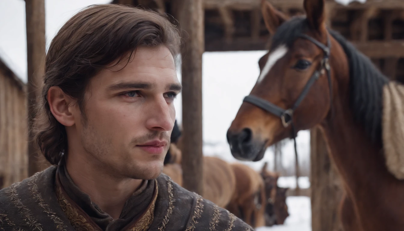 medieval hungarian young gypsy man works inside stables, tending to dark coated Furioso North Star Mare Horse, daytime, winter, snow ultrarealistic, textured skin, ultradetailed