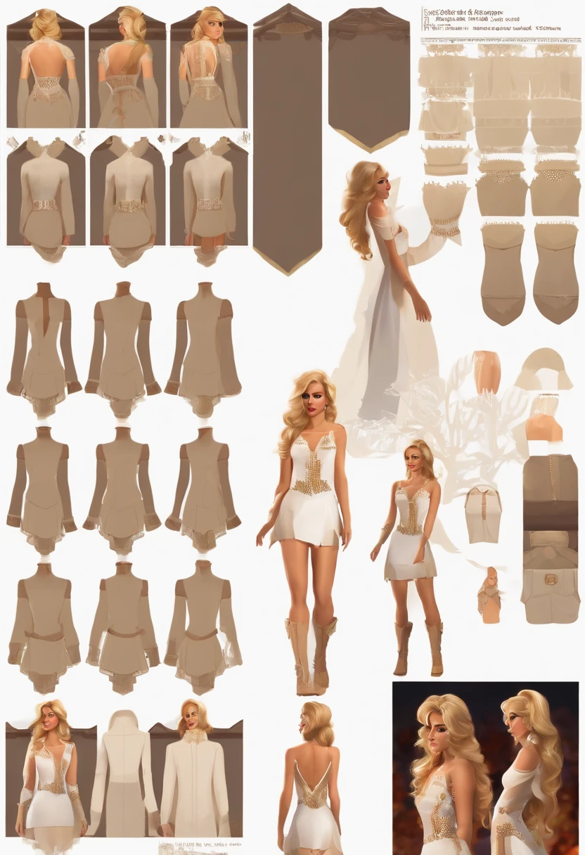 PixArFK, hermosa chica rubia, vestido blanco, cuerpo completo, character sheet, multiple views, pixel-art,