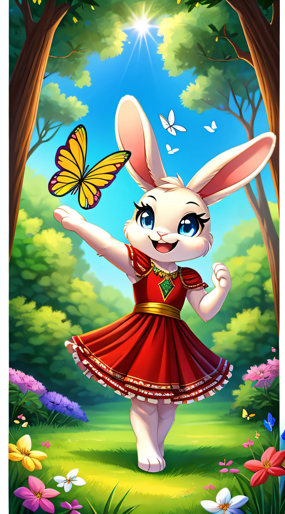 zoomed out image, fantasy style art, cute, adorable, short, tiny, little fluffy female white bunny with blue eyes, 2 extra ears, 4 ears, big floppy ears, long ears, ears perked up, raised ears, long eyelashes, poofy rabbit tail, smiling, standing on two hind feet, standing in a forest, wearing a red frilly dress, big expressive smile, open mouth, wide eyes, excited eyes, excited face, stunning visuals, sunlight coming through the trees, colorful flowers scattered in the bushes, colorful butterflies flying around, digital illustration