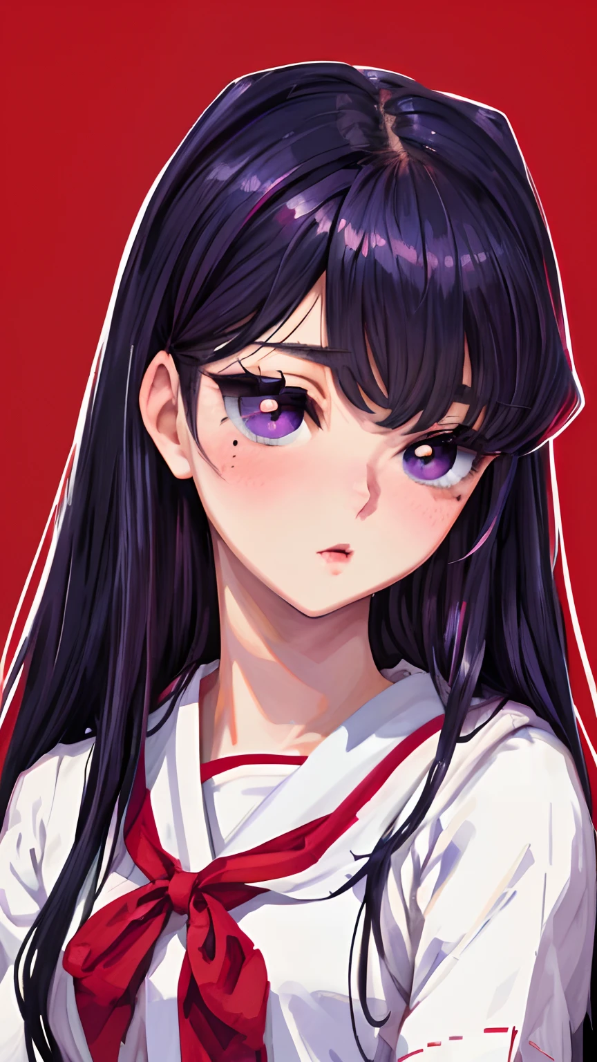 komi shouko,pixal style ,(A white border around a dark red rectangular background：2.5)​，full bodyesbian，High detail,Moles under eyes, Heart-shaped pupils，Love pupils，Fleshy thighs,highly rendered，detailed face with