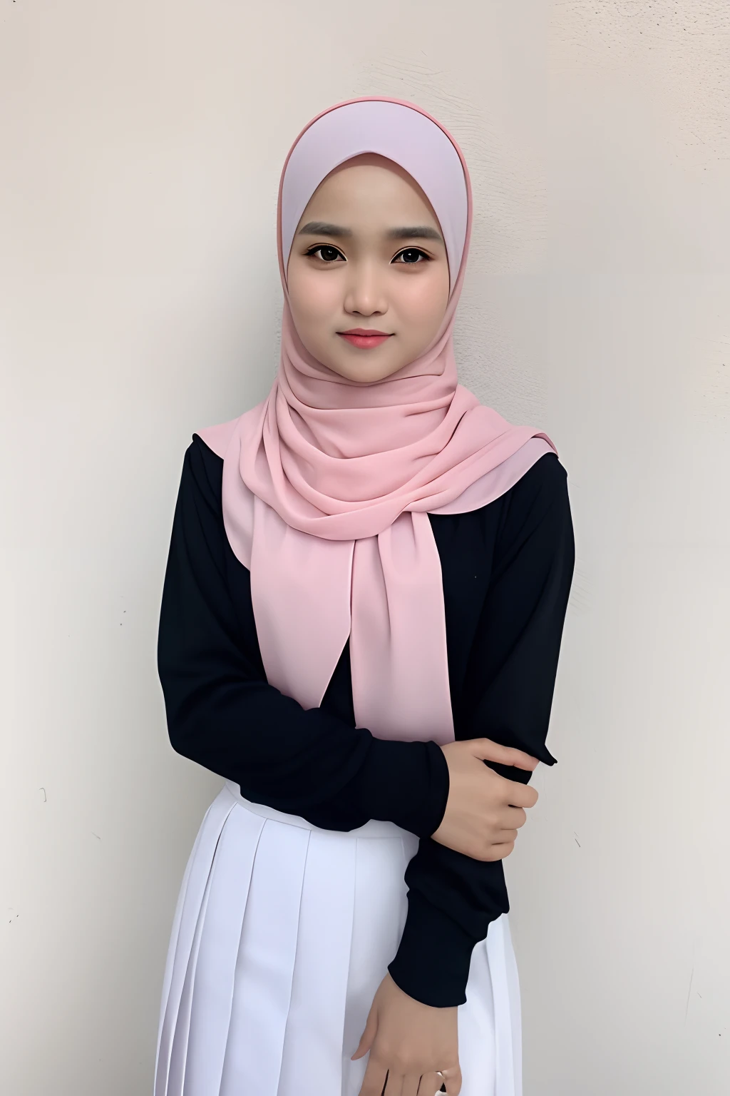 (masterpiece, best quality), 1 malay girl in hijab , beautiful face, plain pastel hijab, school uniform, pleated skirt