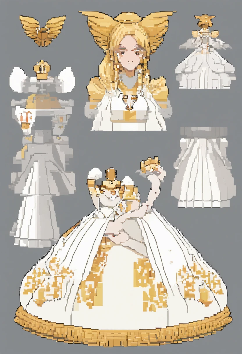 PixArFK, hermosa chica rubia, vestido blanco, cuerpo completo, character sheet, multiple views, pixel-art,
