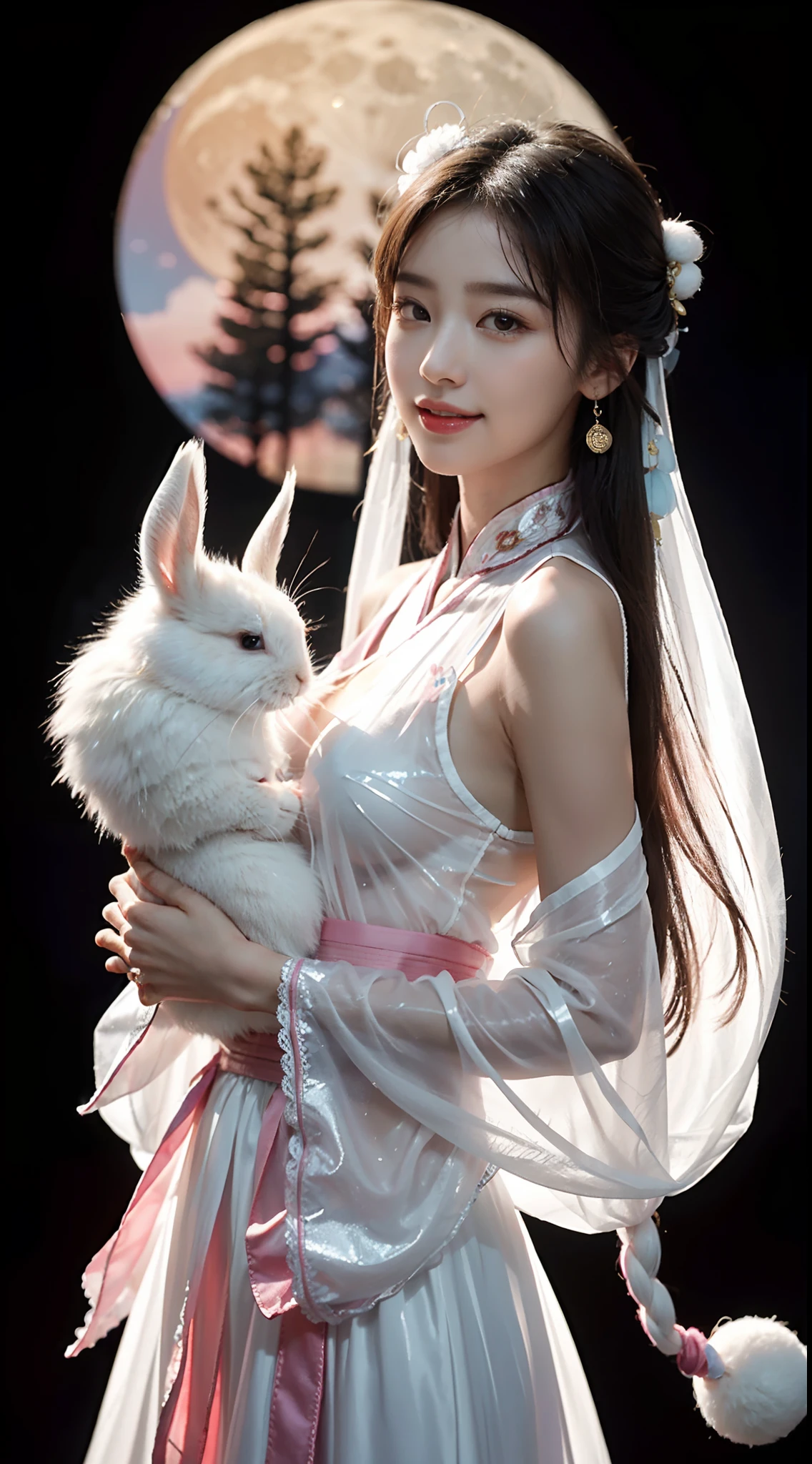 small head, (perfect bodies: 1.1), (short-length straight black short hair: 1.2), （极其细致的CG 8k壁纸），（Extremely refined and beautiful），（masterpiece），（best qualtiy：1.0），（超高分辨率：1.0），[A high resolution],a girl,(chang'e:1.5),fairy,cheerfulness，Smile，Smooth and flawless fair skin，ultra - detailed,(Small breasts:1.1),Flat chest,Slim,thin,(gorgeous white pink transparent princess Hanfu:1.4),(Chinese ancient costume:1.3), (Pink belly pocket:1.3),jewels,Necklaces, earrings, rings, bracelets,（In a luxurious Chinese palace:1.3）,night sky,(A huge moon as the background:1.5),from front，(Close shot:1.3),cowboy shot,(upper body:1.5),bare shoulder,shoulder off,bare breasts,bare back,Charming collarbone,cleavage,navel,Slender legs, white stockings,（Hugging a white long ears rabbit in arms:1.6）,(A detailed rabbit:1.4),Portrait photo,(bright lights:1.2),chang'e's attire: flowing fairy gown, embroidered with delicate jade rabbit patterns.Head accessory: golden hairpin adorned with gemstones, shining brightly.Hair: long and glossy, like a waterfall, gently swaying with the breeze.Facial features: exquisitely drawn eyebrows and eyes, clear and bright like autumn water.Lips: slightly parted in a serene smile, captivating and charming like a blooming flower.Holding: cradling a snow-white jade rabbit in her arms, its red eyes gleaming with liveliness.Interaction: tenderly caressing the rabbit's long ears, exchanging affectionate looks.Expression: radiant smile, gazing gently into the rabbit's eyes, as if listening to its whispers.Setting: the enchanting moonlight, the mysterious and gentle Chang'e and the jade rabbit, a scene of captivating beauty