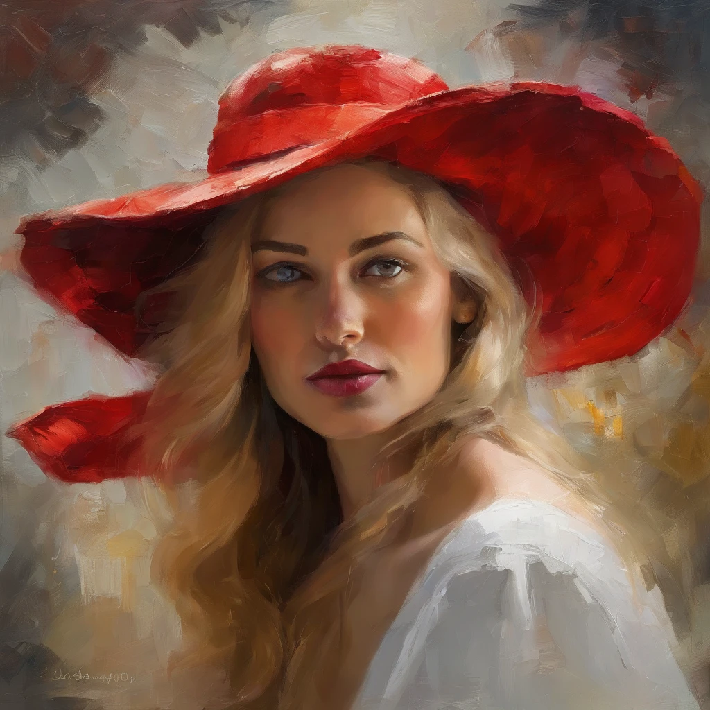 painting of a woman with a red hat and white dress, long blond hair, eyes looking directly at us, head in center of frame, elegant digital painting, beautiful portrait acrylic painting, wlop painting style, heavy brush strokes in textured paint, gorgeous digital painting, in wlop style, beautiful character painting, fine art portrait painting, dark epic background, woman head in center of frame, beautiful art uhd 4 k