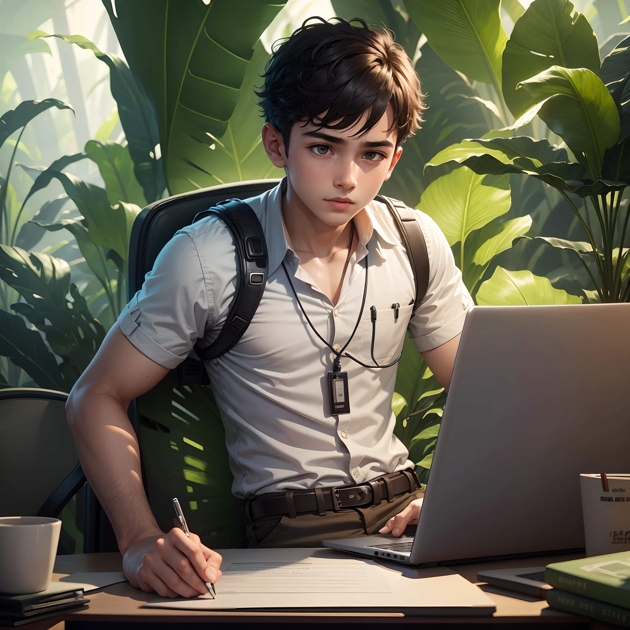 A boy in a office attair working on a laptop in jungle , 8k, micro detail, illustration