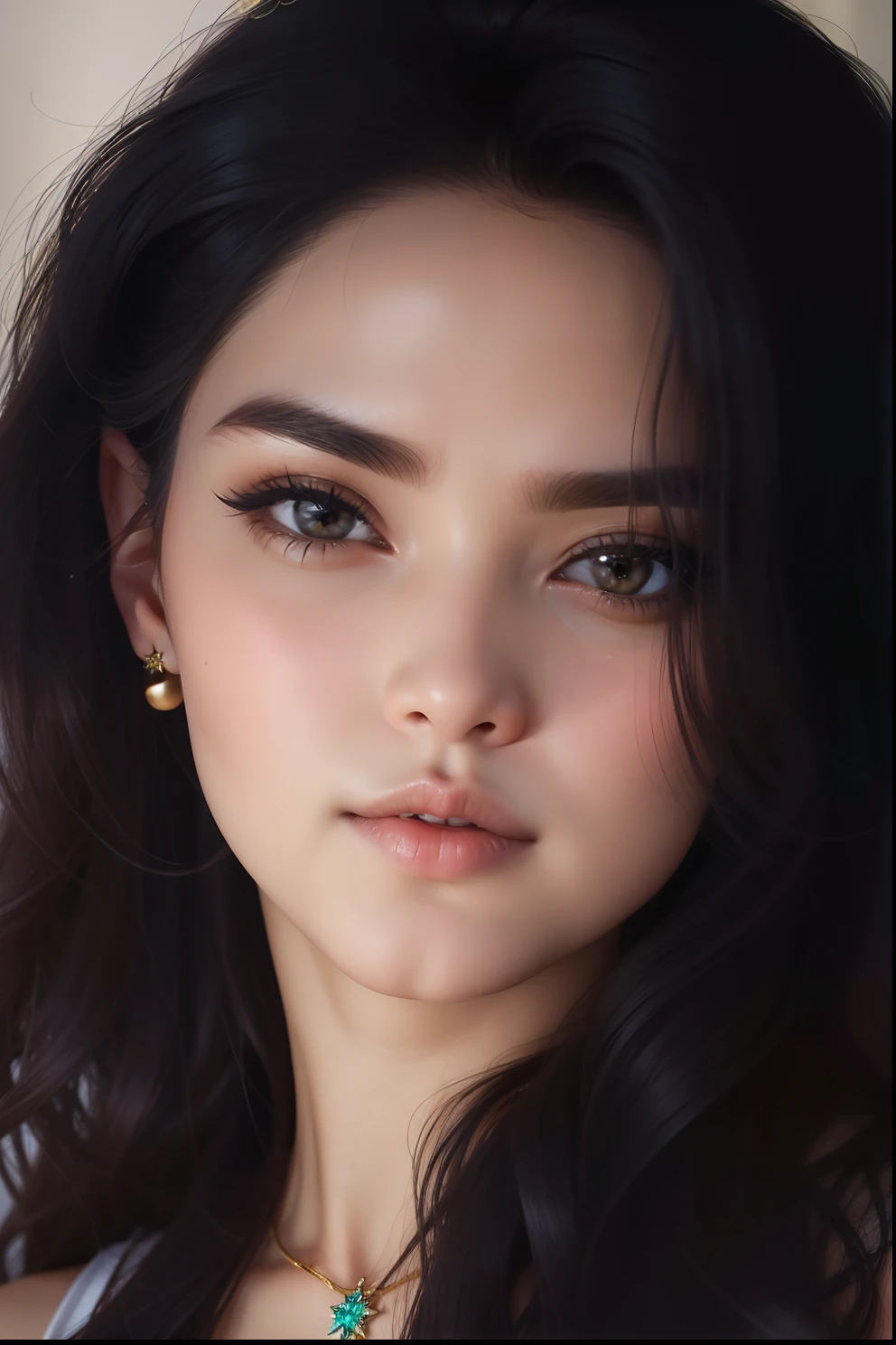 a close up of a woman with long hair and a necklace, bintang lux, very beautiful face, ida iasha, beautiful round face, attractive female face!!!, beautiful fine - face, with cute - fine - face, very pretty face, beautiful face!!!!, very beautiful woman, beautiful face!!, 22 years old