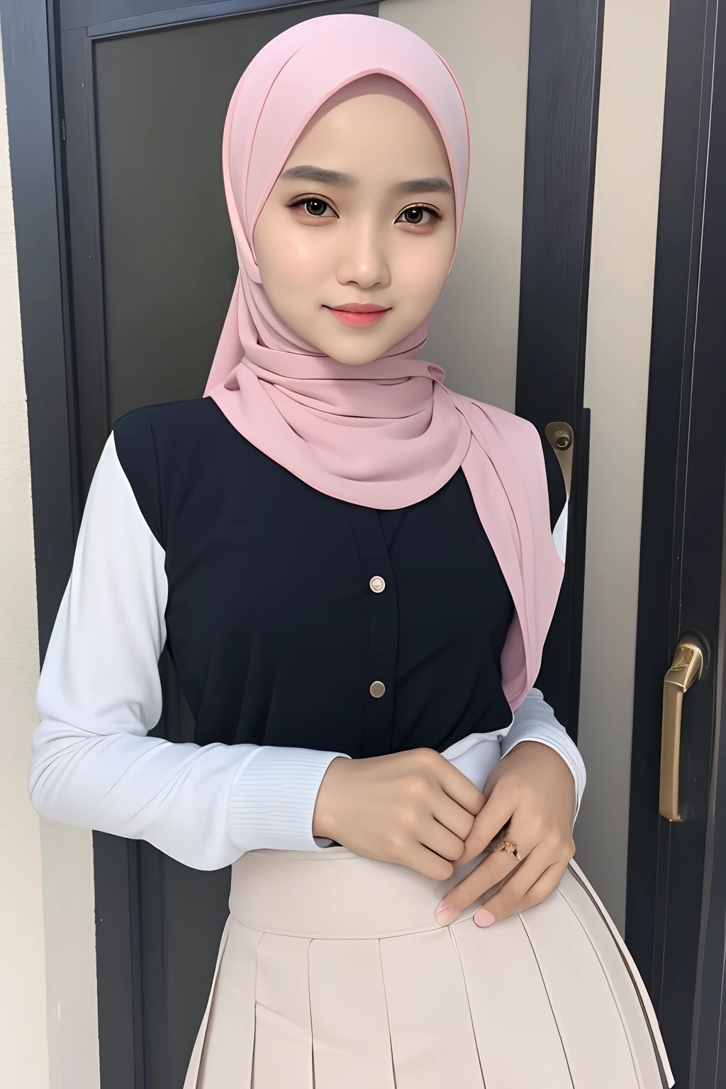 adorable, 1 girl, , baby face, smile shy, full body portrait, (face details: 1), (eye details: 1). wearing random long shirt, long skirt, modern hijab colorful, (large breasts)... Rain, wet, closthes wet, Cute posed. proportional body. Ultra High Res. realistic: 1.4, UHD