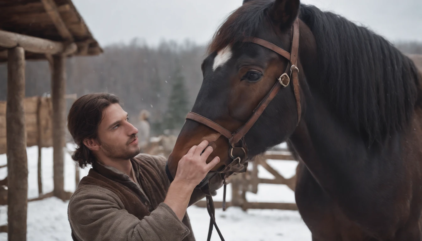 medieval hungarian young gypsy man works inside stables, tending to dark coated Furioso North Star Mare Horse, daytime, winter, snow ultrarealistic, textured skin, ultradetailed