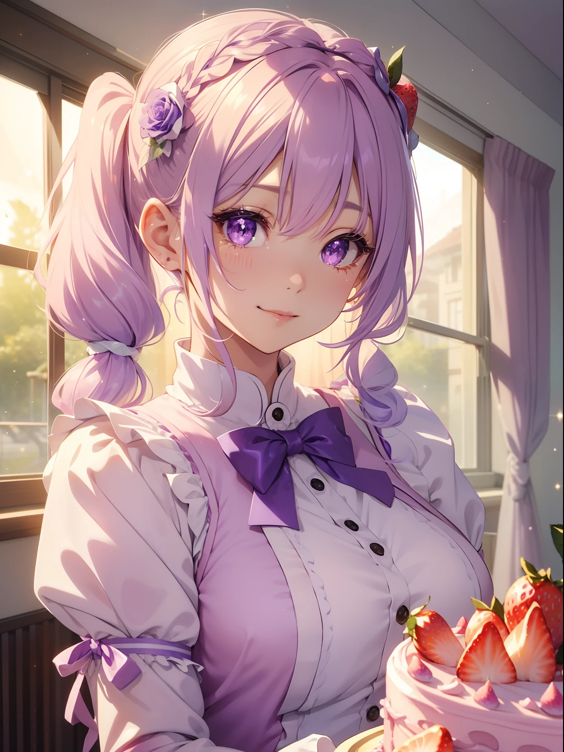 masutepiece, High resolution, 8K, anime woman, Delicate and detailed writing 、Detailed digital illustration、(((Straight pigtail)))、Shiny hair、Bangs、a very beautiful woman、Eyes are double, Large, (((Bust is an A cup)))、High image quality, High quality、Detailed background、(((Cute uniform in white and lilac color)))、The inside of the eye shines like a diamond、Light purple hair、Gradient pupil、(((2 arms、4 fingers, 1 thumb)))、Detailed female face、Very beautiful and cute woman、、细致背景、masterpiece、Soft Focus , Bright gradient watercolor , Lens Flare , (((Glitter))) , Glow , Dreamy , Light Purple Ribbon、(((Very Beautiful Light Purple Rose Hair Accessories)))、Light purple and gold uniform with white as the main color、Big smile、rainbows、(((Eat strawberry cake)))、Happy Balloon、Beautiful sky background