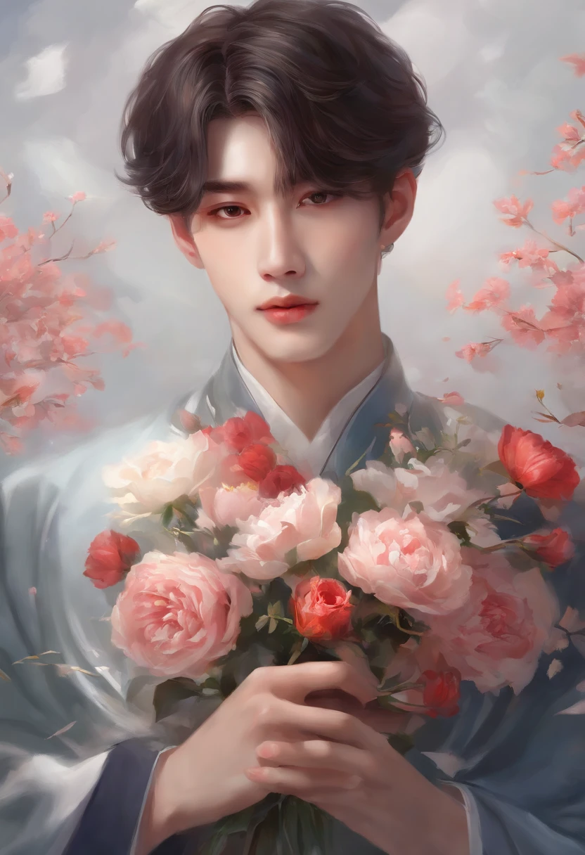 There was a man holding a bouquet of flowers in his hand, With flowers, Holding flowers, the flower prince, carrying flowers, high quality portrait, inspired by Yanjun Cheng, holding magic flowers, High-quality fanart, by Yang J, Guviz-style artwork, Cai Xukun, author：yanjun cheng, Guviz