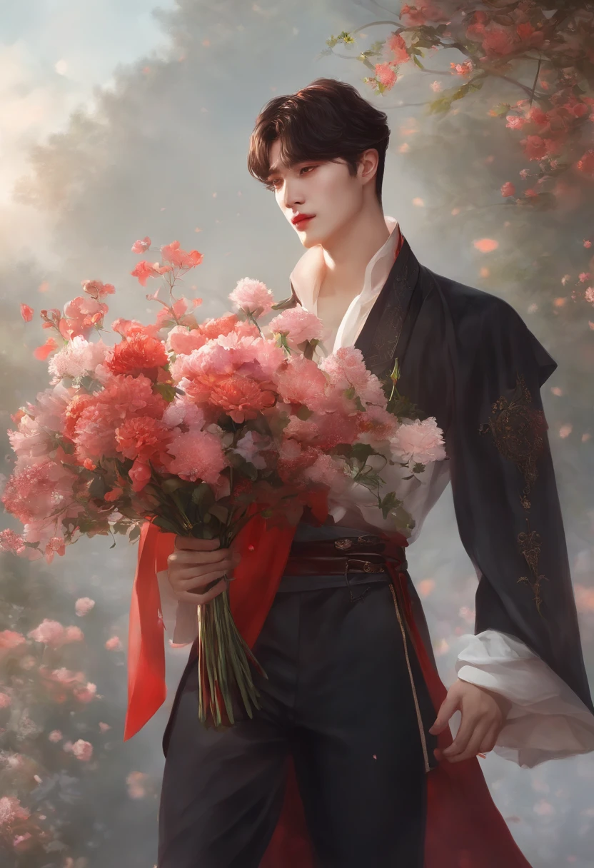 There was a man holding a bouquet of flowers in his hand, With flowers, Holding flowers, the flower prince, carrying flowers, high quality portrait, inspired by Yanjun Cheng, holding magic flowers, High-quality fanart, by Yang J, Guviz-style artwork, Cai Xukun, author：yanjun cheng, Guviz