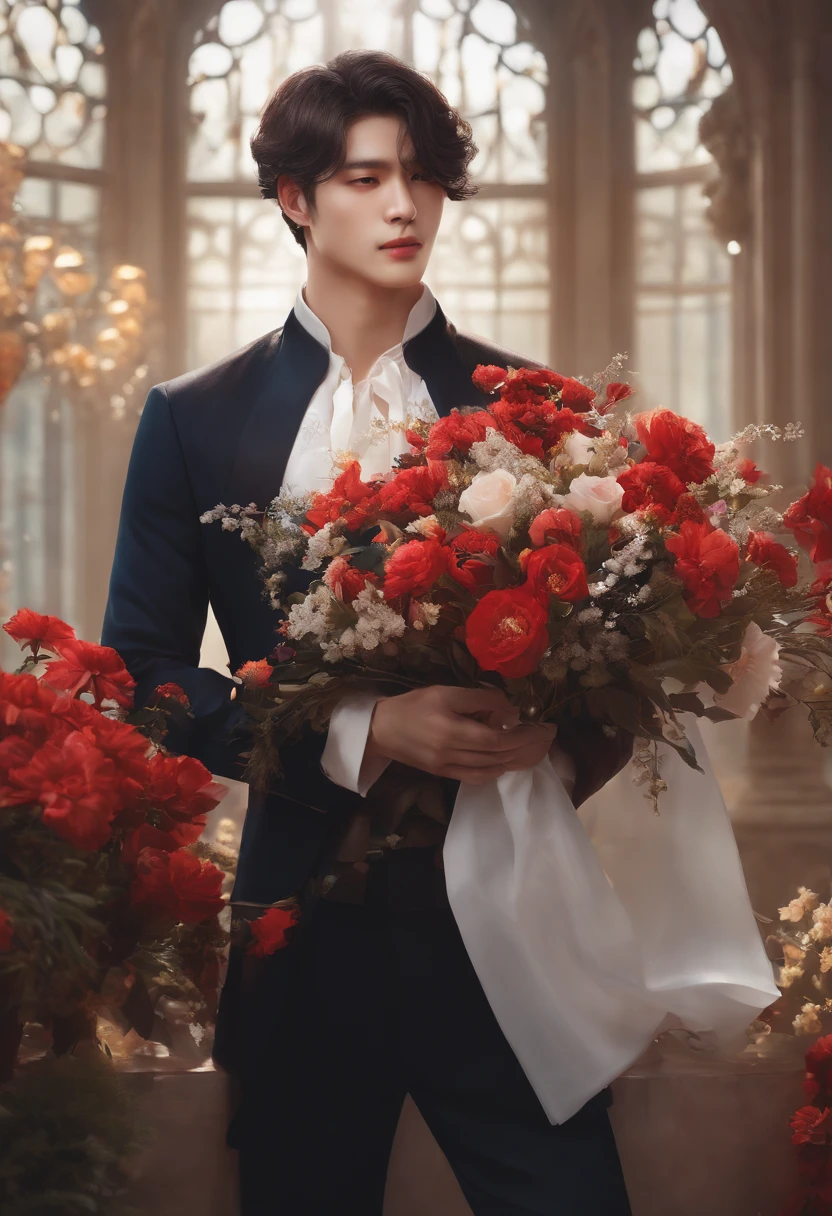 There was a man holding a bouquet of flowers in his hand, With flowers, Holding flowers, the flower prince, carrying flowers, high quality portrait, inspired by Yanjun Cheng, holding magic flowers, High-quality fanart, by Yang J, Guviz-style artwork, Cai Xukun, author:yanjun cheng, Guviz