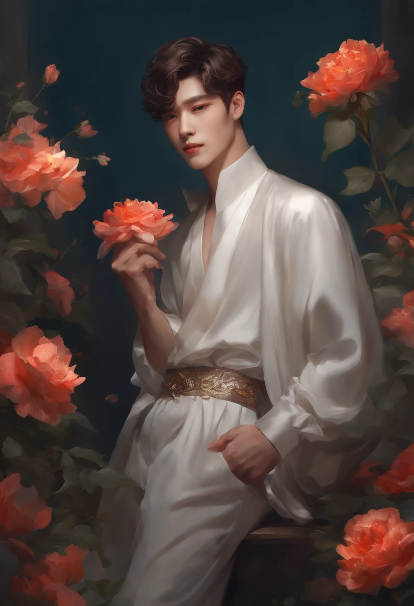 There was a man holding a bouquet of flowers in his hand, With flowers, Holding flowers, the flower prince, carrying flowers, high quality portrait, inspired by Yanjun Cheng, holding magic flowers, High-quality fanart, by Yang J, Guviz-style artwork, Cai Xukun, author:yanjun cheng, Guviz