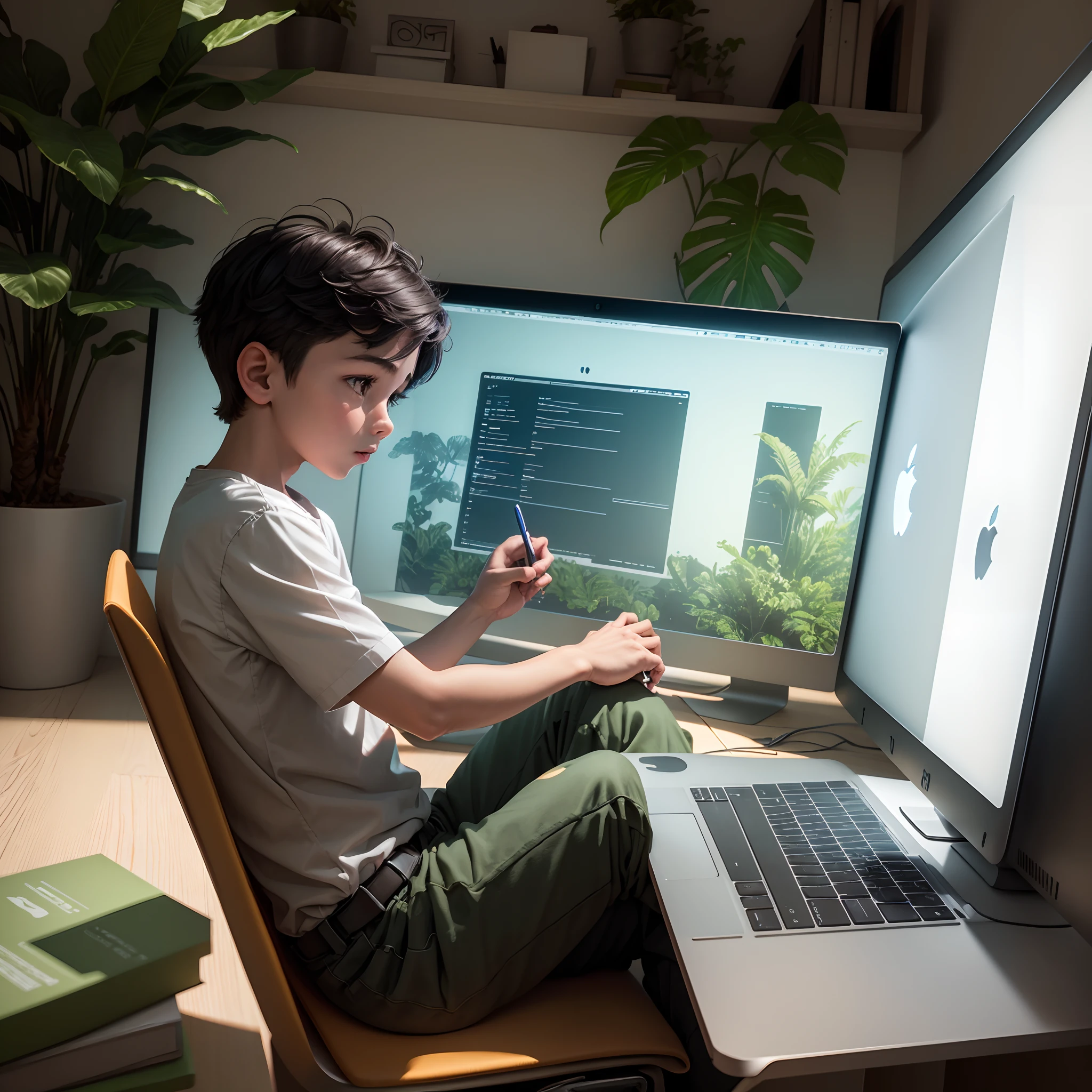 A boy in a office attair working on MacBook Air15 , in jungle ,8k, micro detail, illustration