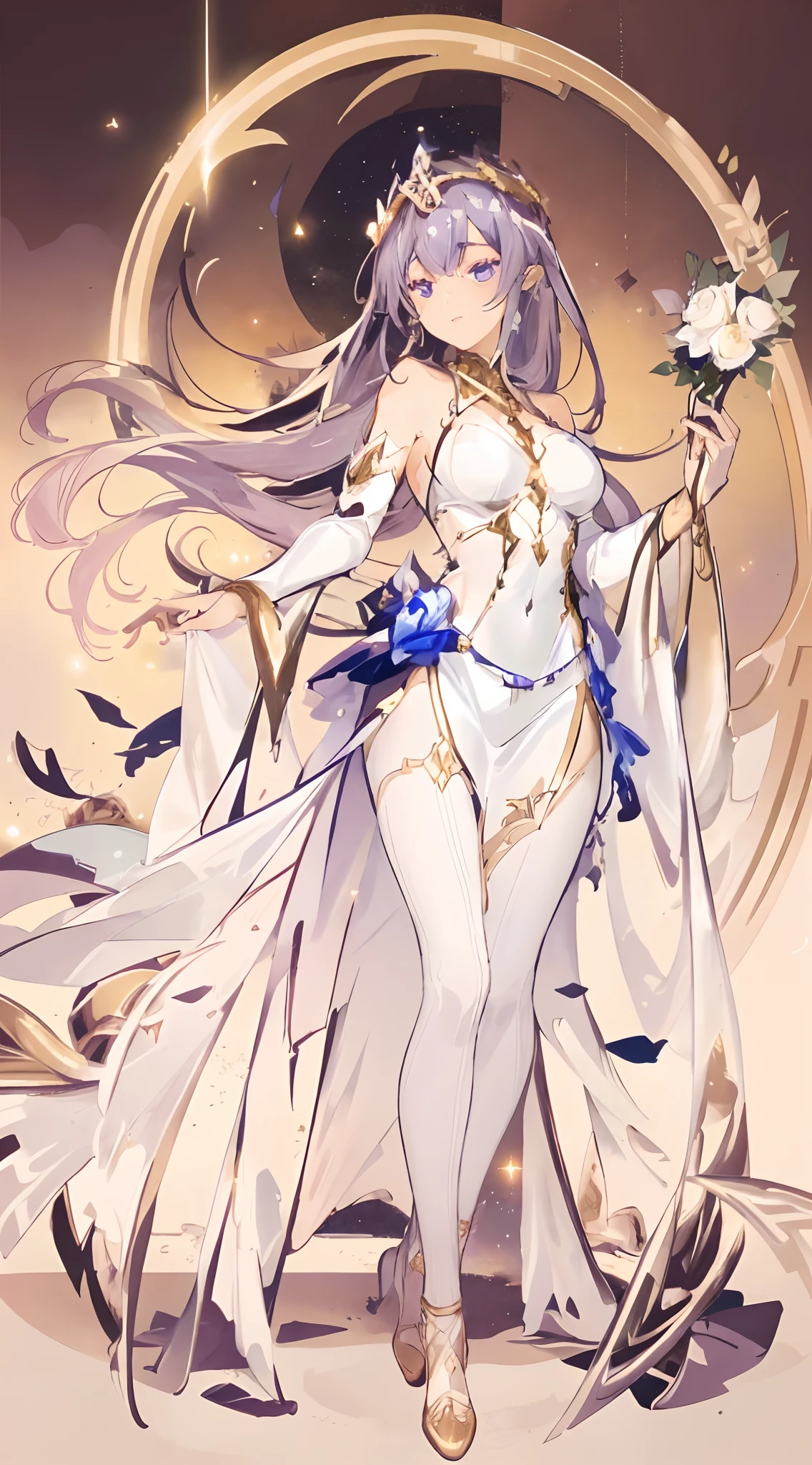 a woman in a white dress holding a flower and a sword, anime goddess, beautiful celestial mage, goddess of galaxies, ((a beautiful fantasy empress)), alphonse mucha and rossdraws, cushart krenz key art feminine, portrait knights of zodiac girl, knights of zodiac girl, extremely detailed artgerm, celestial goddess, a beautiful fantasy empress