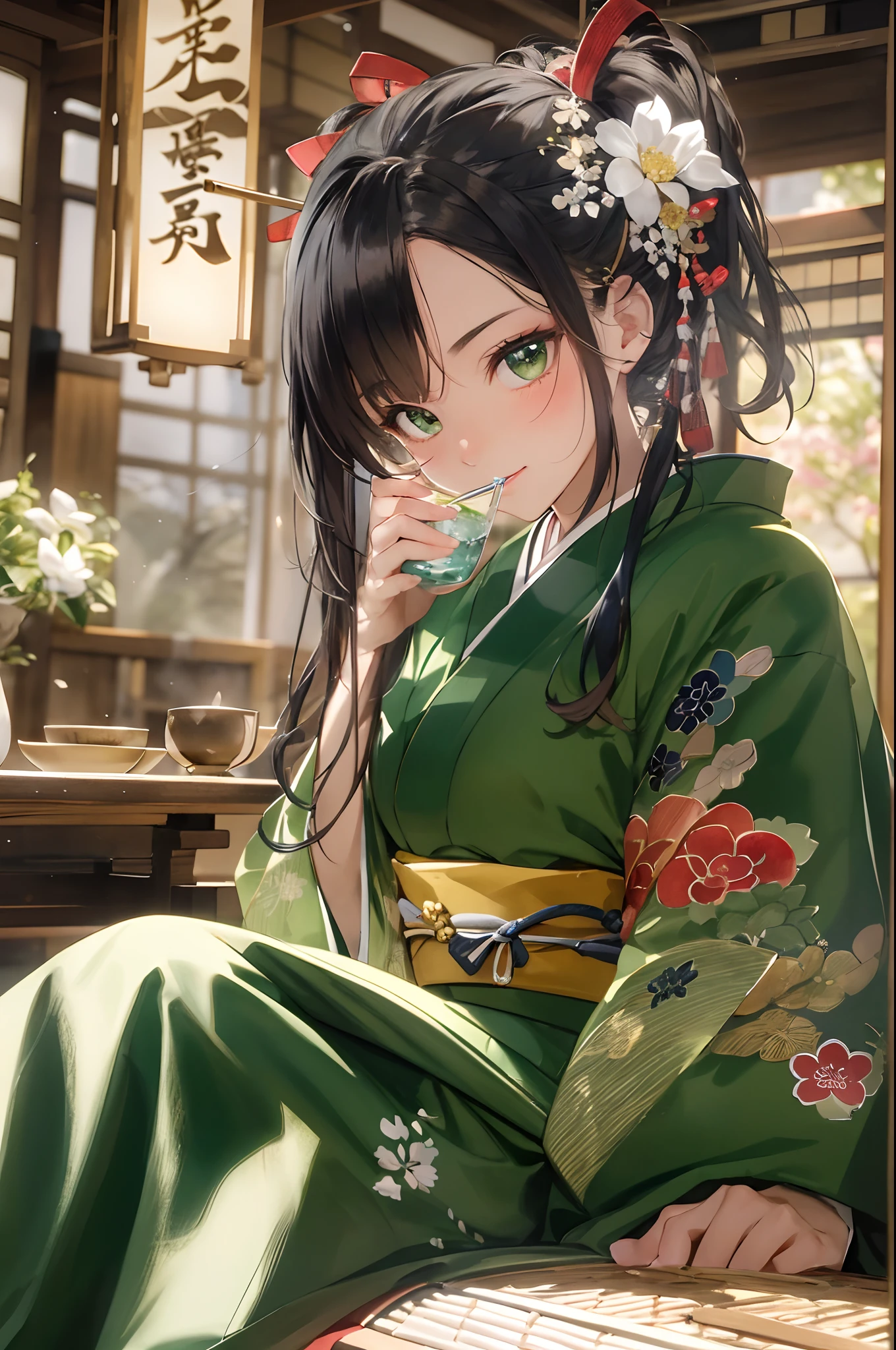 Anime girl in green kimono sitting on a wooden bench - SeaArt AI