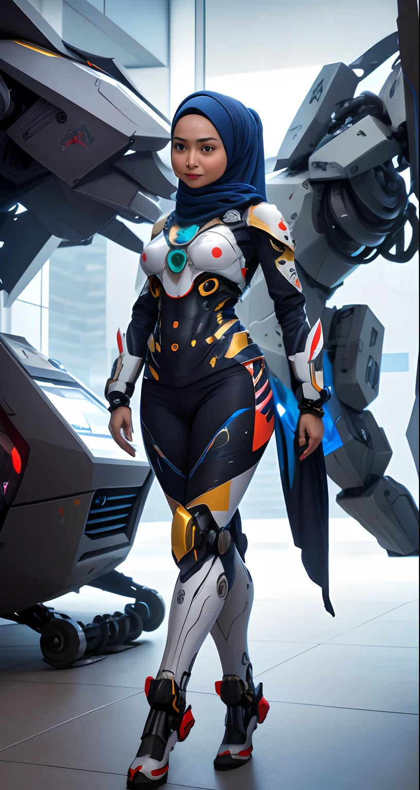 Imagine the Malay girl in hijab in a futuristic command center, strategically coordinating her mecha suit's actions to respond to a crisis, showcasing her leadership and intelligence