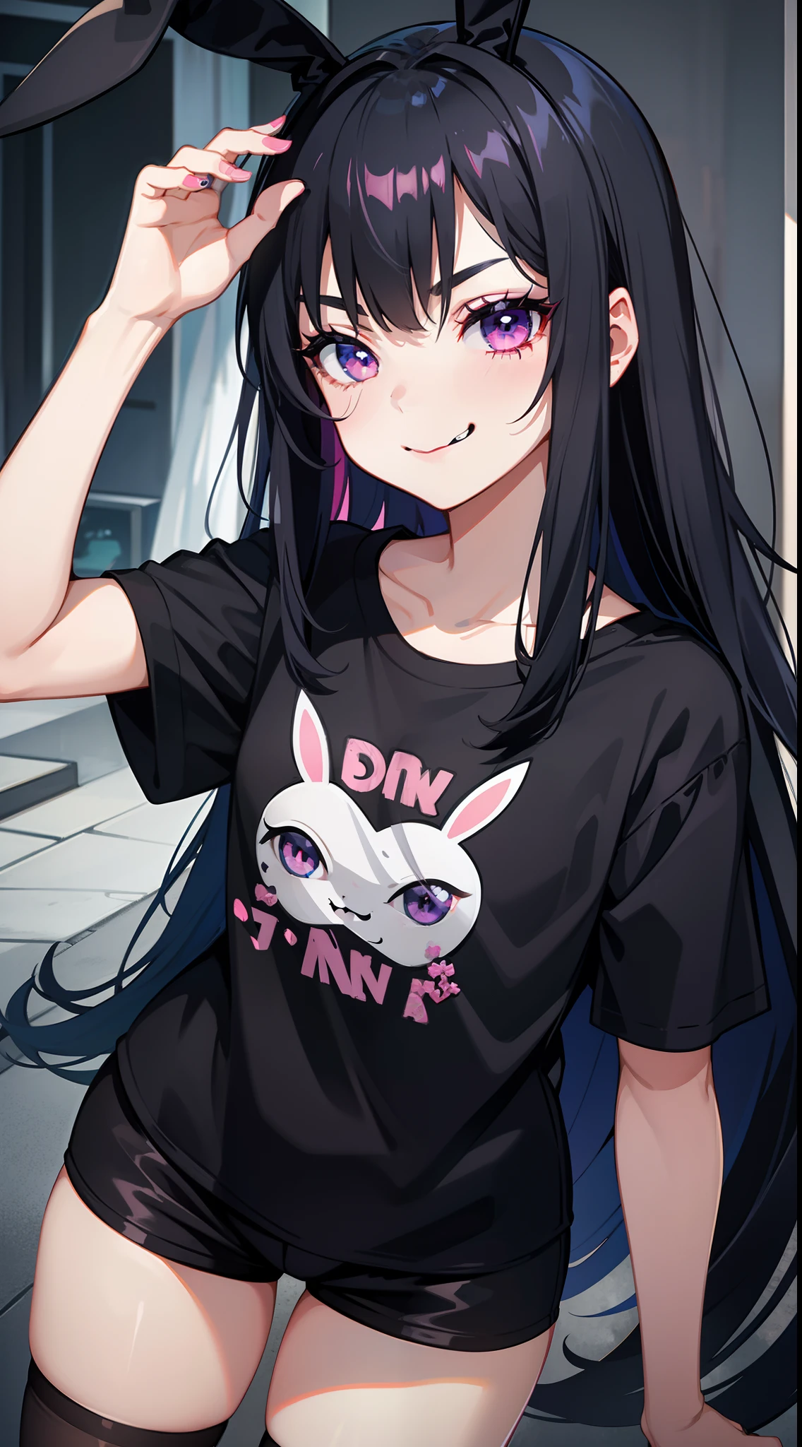 young girl, long dark blue hair, bunny ears, pink eyes, black lipstick, black eye shadow, smirk, tshirt, Short shorts, Masterpiece, hiquality, 4k, HD, Good detail