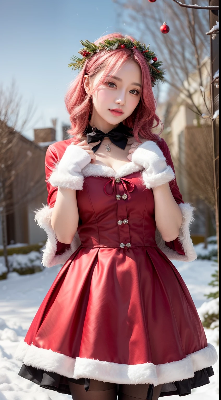 Christmas girl, pink hair Emo Pin up Girl, red christmas dress, Striking a pose, natural make up, skinny innocent, in a snowy garden, heavenly, midshot, centered image, good girl, innocent girl