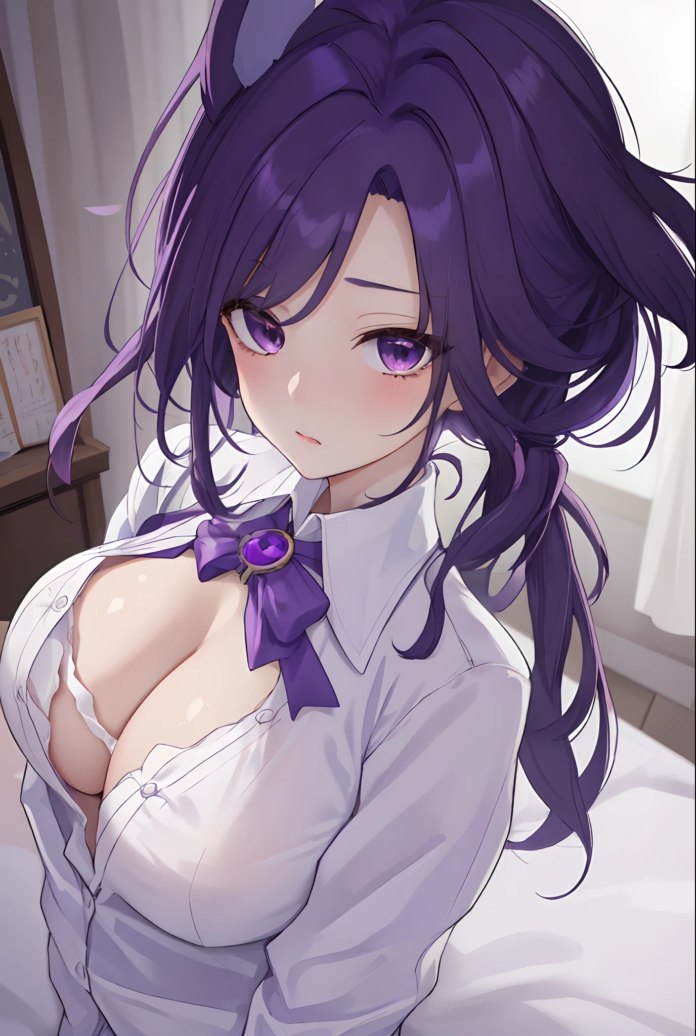 Best quality, 8k, in bed, purple hair, purple eyes, white shirt and no bra, anime visual of a cute girl, cute expressive face, still from anime, hard breast, lustful face, big tits