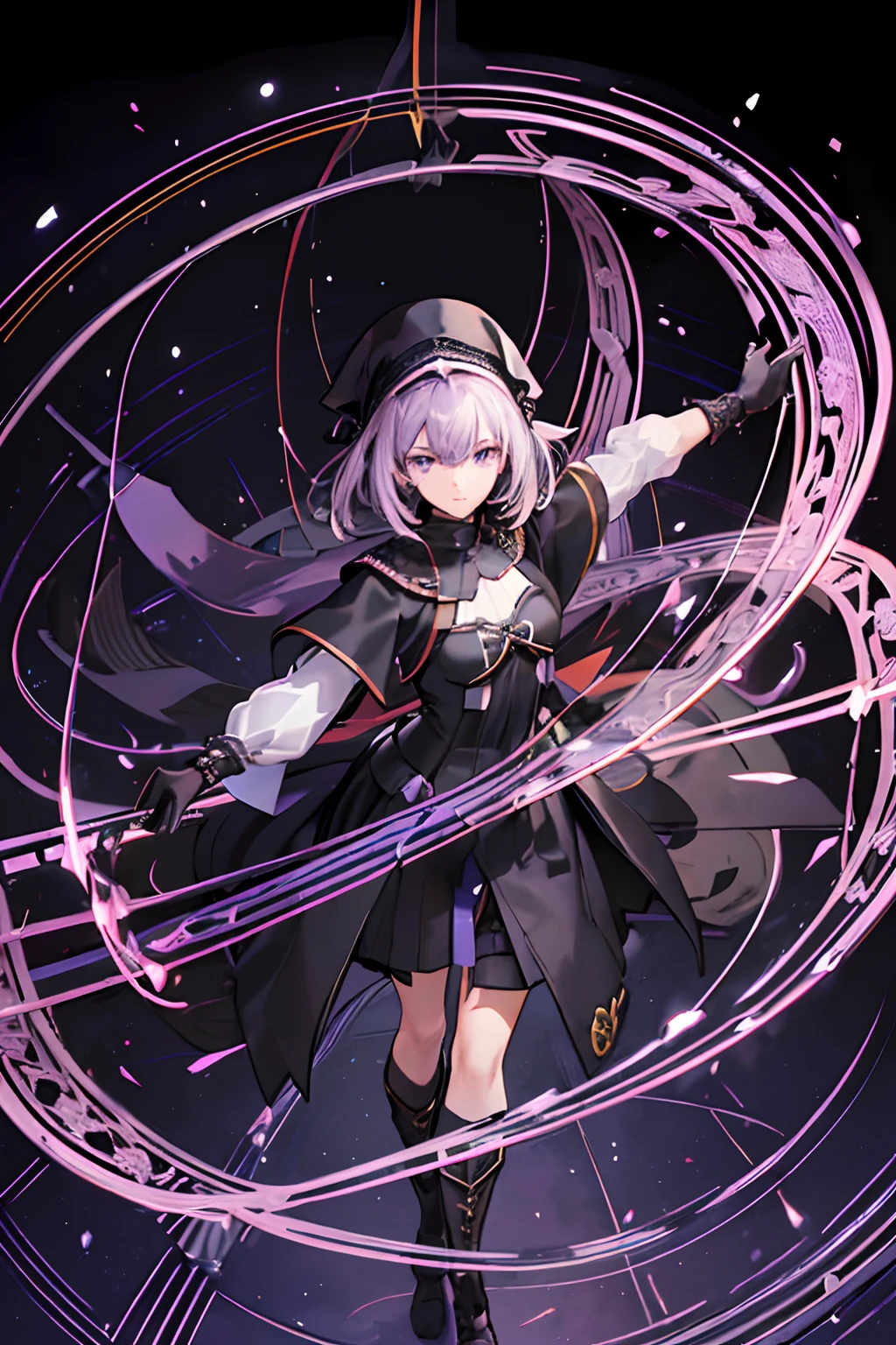 ((Masterpeace)), ((best quality)), ((all detailed)), ((extremely detailed)), illustration, ((radial blur:1)), ((silhouette:1.5)), ((emphasis lines:1.8)), (((intricate detailed))), mash kyrielight, detailed purple hair, long hair, (detailed purple eyes), (super fucking beautiful), type moon style, 3d, depthoffield, whole body, ((overhead shot)), holding_weapon, flat chest, girl, woman, female, young, 20 years old, hair flaps, snowflakesdetailed cute anime face, thin eyebrows, disgust, extremely detailed eyes, closed_mouth, delicate hands, small_breasts, white skin, black_gloves, ((foodie), sorcerer outfit), boots, black Clothes, (planet, night sky background), ((fog)), blurry,