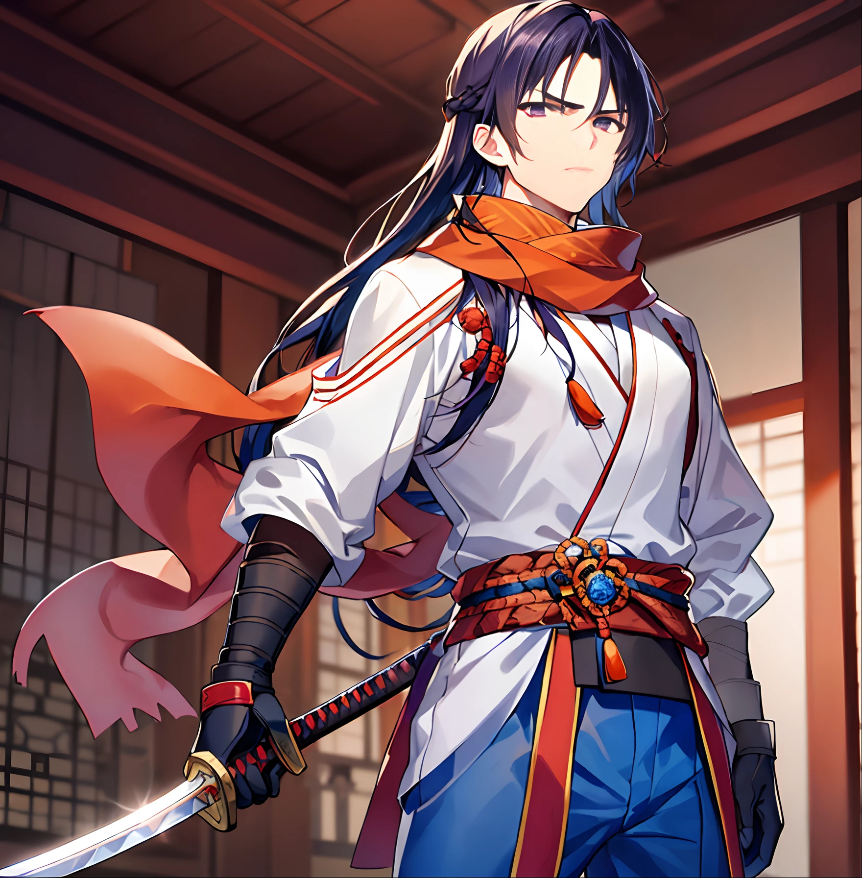 1 boy, young man, black hair, long hair, purple eyes, white skin, serious look. Ronin suit, samurai suit, orange scarf, blue pants, blue gloves, blue belt. Accesories, 2 swords, swords in their scabbard, red and black scabbard. Scenery, nice dojo room