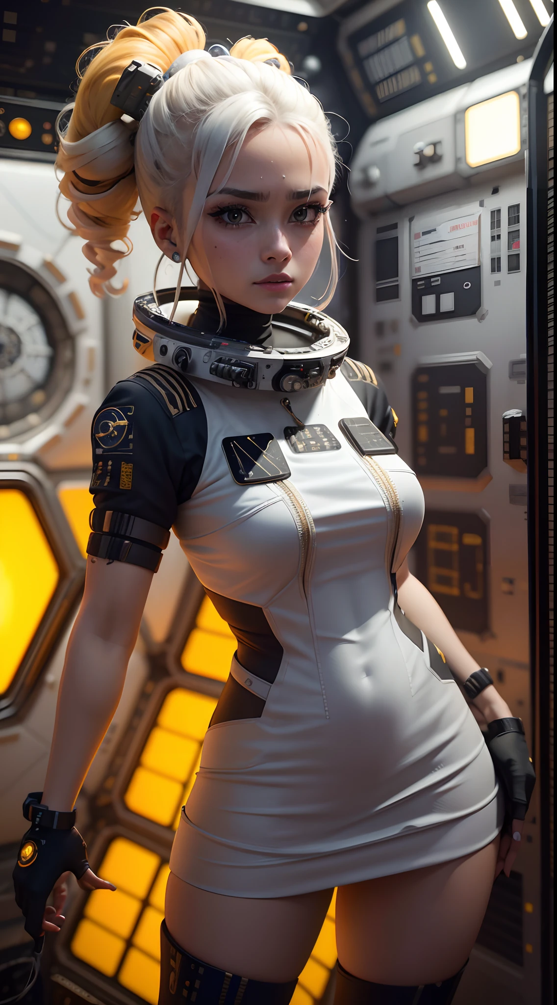 8k, 。.................................3D, realista, Ultra Micro Photography, of the highest quality, Super detalle CG Unity 8k,Cara perfectaChica con vestido cyberpunk amarillo , medio futurista, Mezcla de gran mancha de mariquita, Cabello rubio largo y atado,Estilo cyberpunk:1.4 ,(Space Station:1.4),