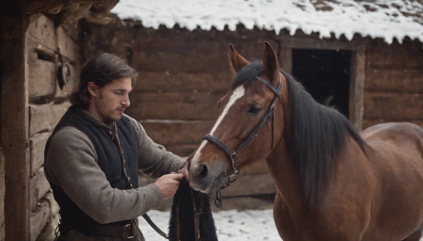 medieval hungarian young gypsy man works inside stables, tending to dark coated Furioso North Star Mare Horse, daytime, winter, snow ultrarealistic, textured skin, ultradetailed