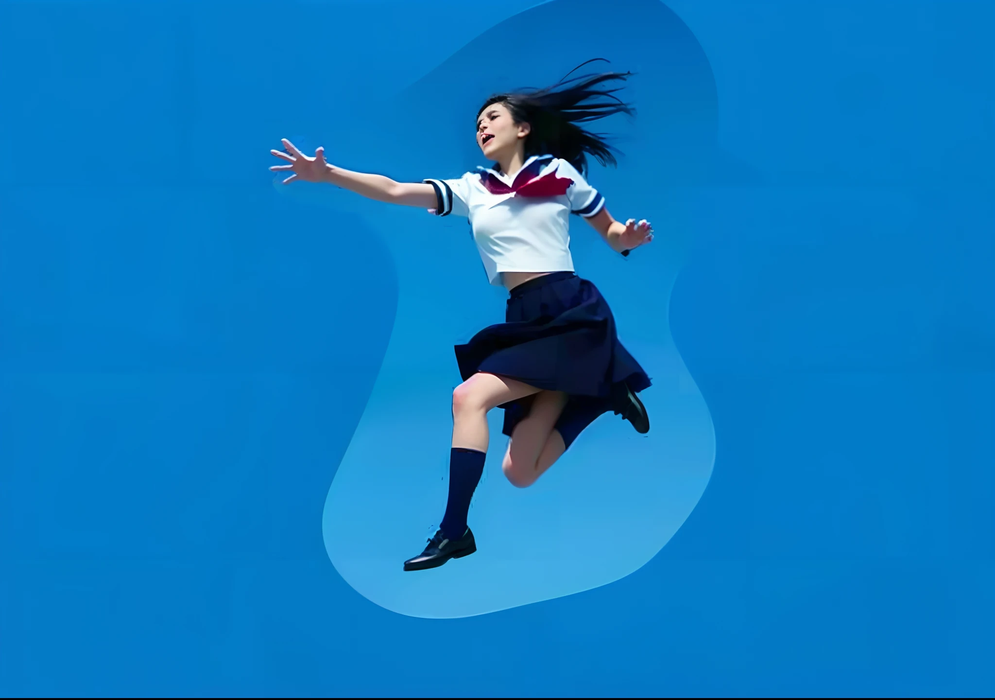 Image of a girl jumping in the air with a tennis racket, seifuku, promo image, jumping posture, Japanese school uniform, leaping with arms up, leaping into the air, A woman floats in midair, Shinkai sincerely, Leaping, japanese girl school uniform, Promotional image, leaping towards viewer, girl in uniform