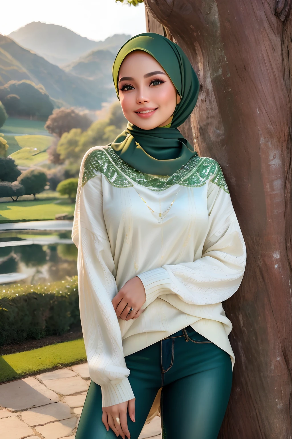 masterpiece, best quality, ultra-detailed, beautiful lighting, malay Woman in hijab, tight jeans, (green eyes:1.3), (white sweater:1.2), turtleneck, standing up, in park, beautiful scenery, slight blush, smiling, (cute smile:1,1), (glossy lips:1.1), (beautiful eyes:1.1), wonderful backround, closed mouth, arms_behind_back, short hair