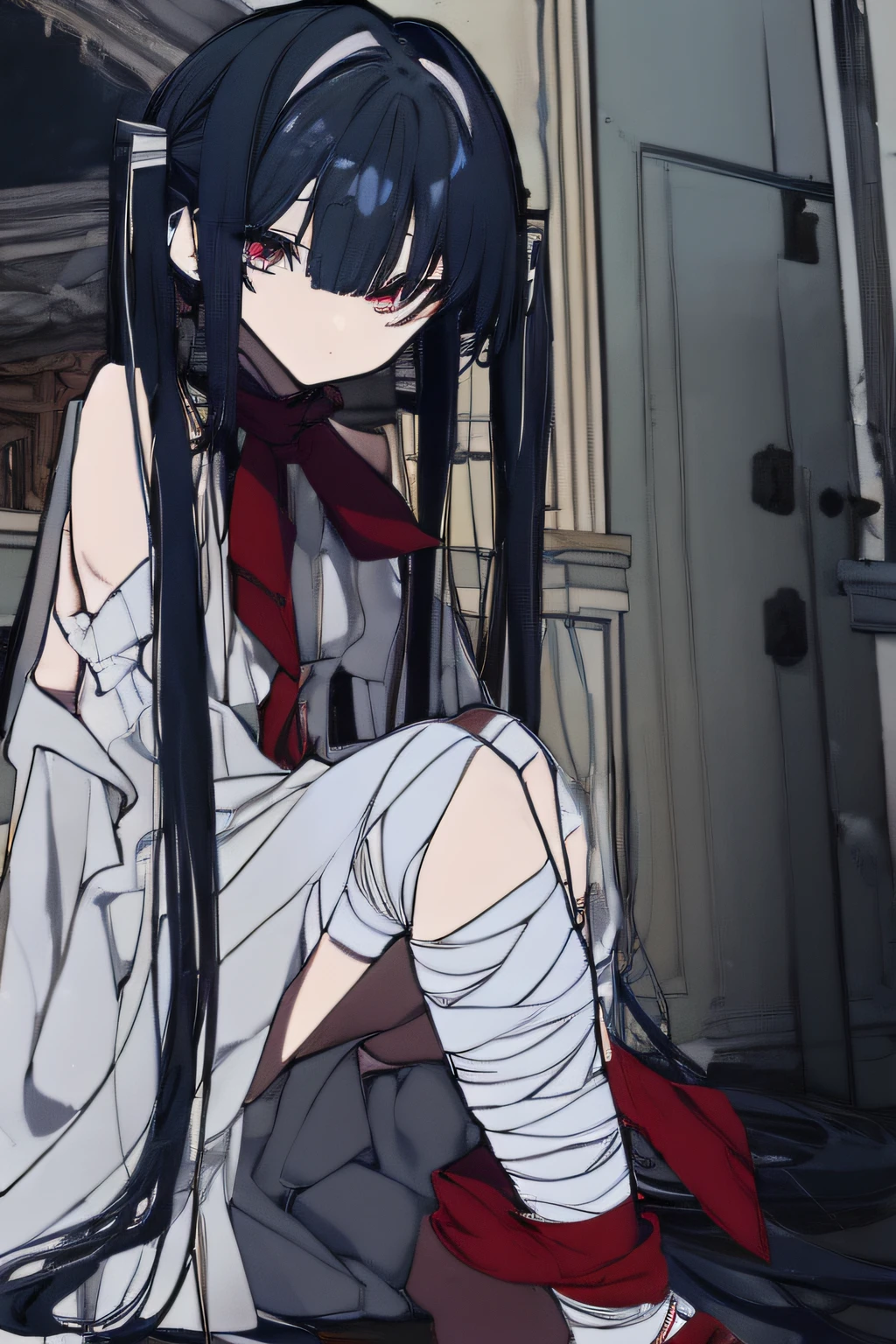 1girl, young girl, masterpiece, high quality, dark blue hair, bangs, red eyes, twintail, long hair, ((bandaged)), wearing a ruin dress, (in the old room), in the narrow rum, sad, dark, lonely, crouching