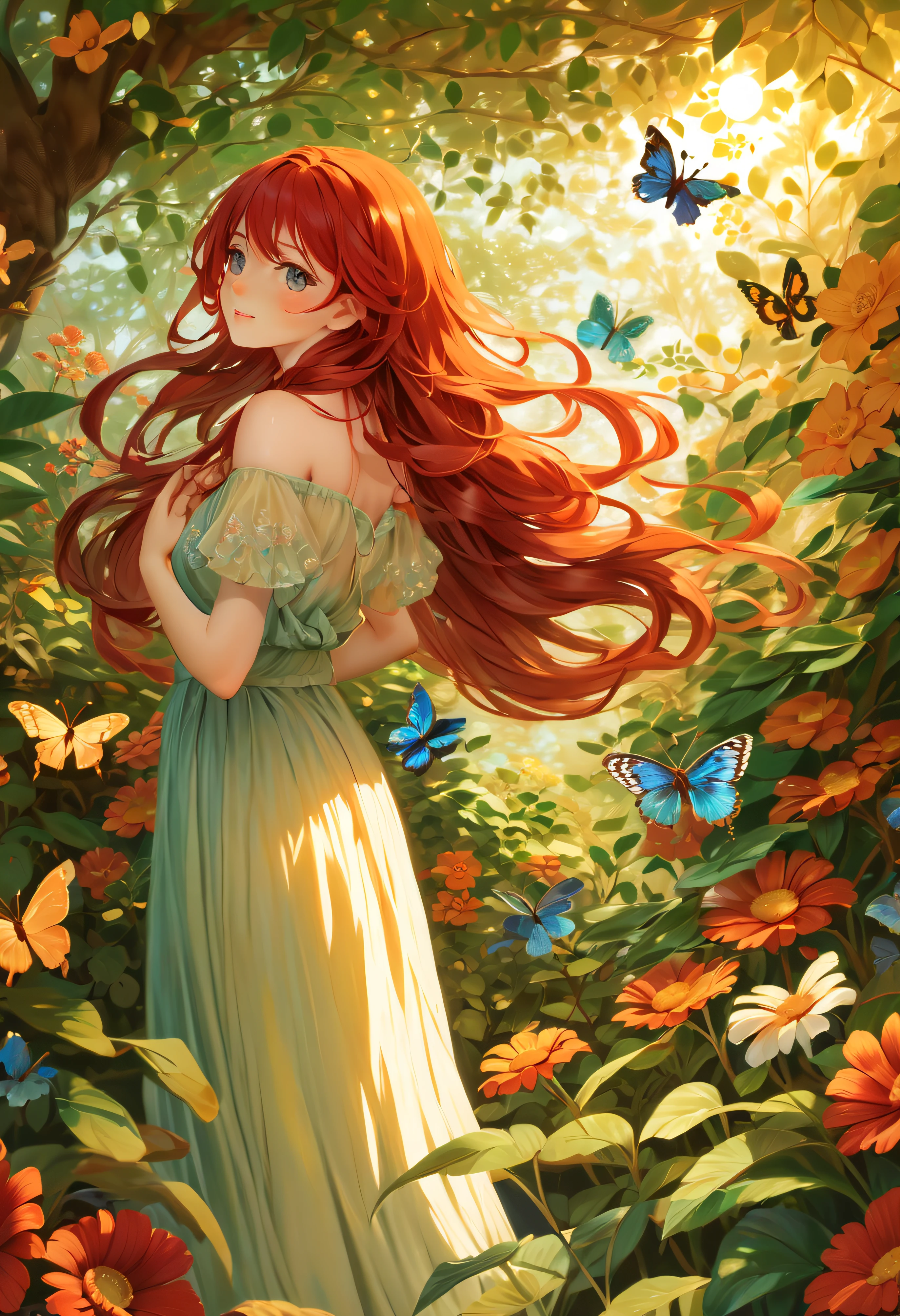 Uma ****** com olhos verdes, staring into the distance, em um jardim vibrante. The girl has long flowing red hair cascading down her shoulders. She is wearing a floral dress that matches the colorful flowers in the garden. Around you there are butterflies flying around, adding a touch of enchantment to the scene. Sunlight filters through the branches of trees, casting beautiful rays of light on the girl and the flowers. The atmosphere is peaceful and serene, creating a sense of peace and harmony. Art is created realistically, estilo fotorrealista, with ultra-detailed features and vibrant colors. The painting has high resolution, with sharp focus and fine brush strokes, capturando cada detalhe intrincado. The overall shade of color is warm and inviting, com um toque de luz solar dourada. The lighting is soft and diffused, criando um ambiente suave e sonhador. Exudes a sense of beauty and tranquility, convidando o espectador a mergulhar na beleza delicada da cena. (melhor qualidade, Altas, ultra-detalhado, Realistic, fotorrealista:1.37), belos olhos detalhados, long flowing red hair, Jardim vibrante, vestido floral, Borboletas, sunlight filtering through tree branches, atmosfera tranquila e serena, (sensual pose), (nsfw)