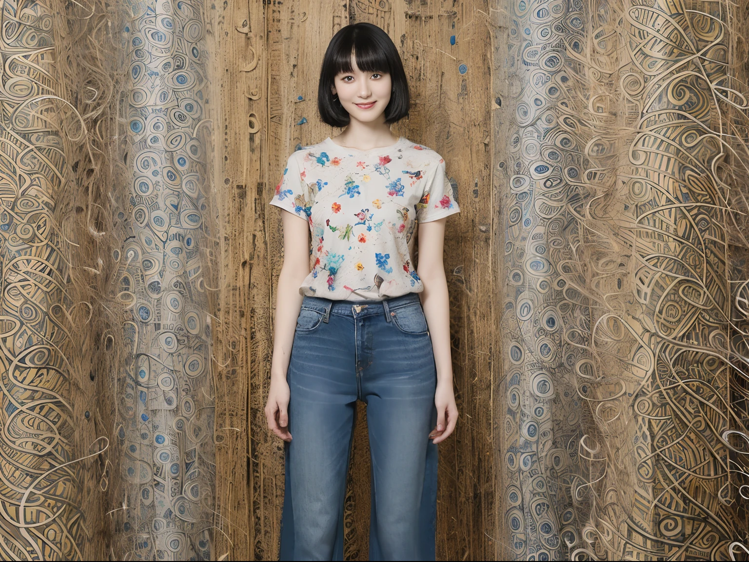 (Black Shorthair:1.2), (a 20 yo woman), (A hyper-realistic), (masutepiece), (8KUHD), A slight smil, Slender waist, Wearing jeans, ((Floral clothing - T-shirts)), large full breasts, wear long pants, abstract paintings, (doodle:1.46)