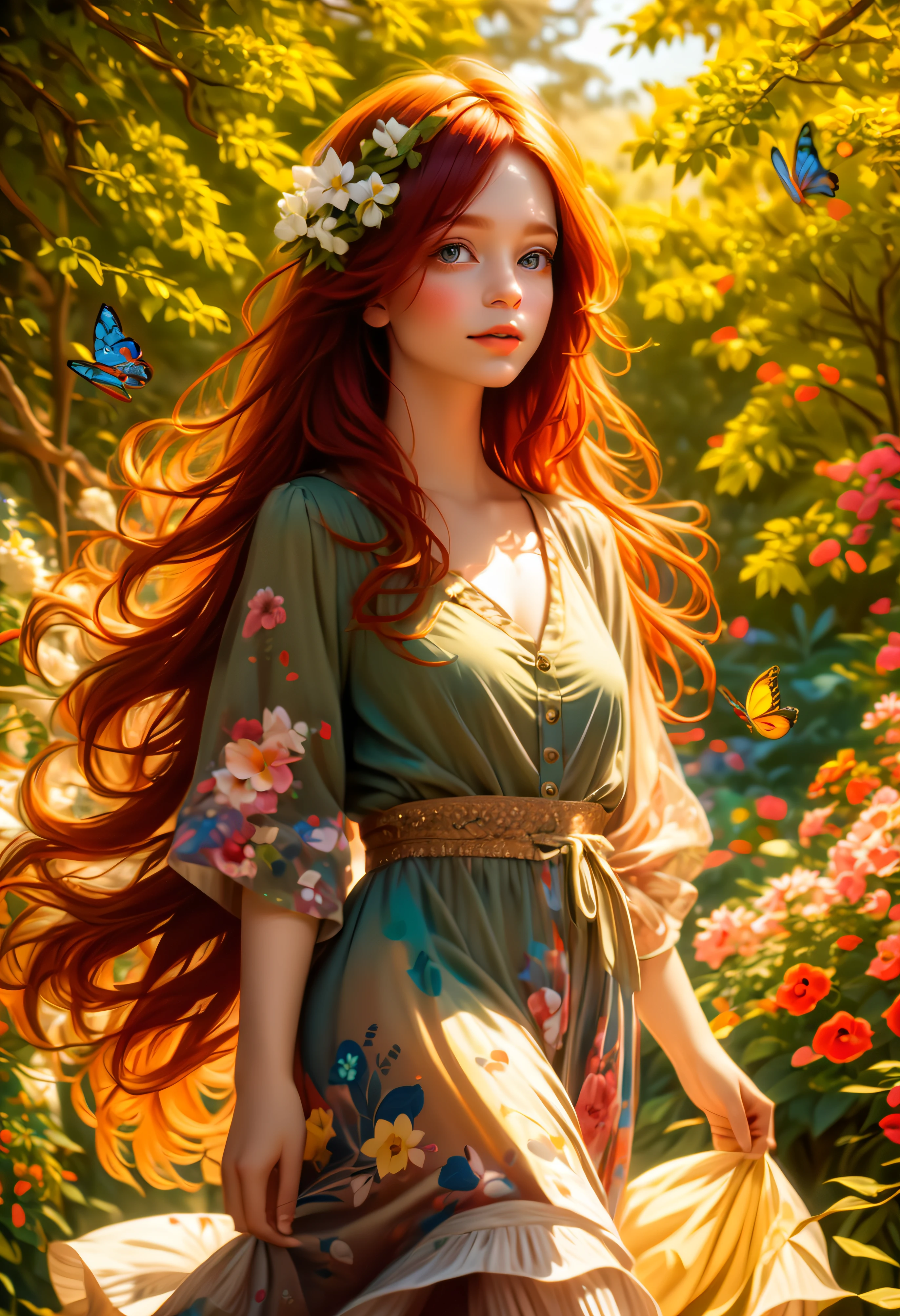 Uma com olhos verdes, staring into the distance, em um jardim vibrante. The girl has long flowing red hair cascading down her shoulders. She is wearing a floral dress that matches the colorful flowers in the garden. Around you there are butterflies flying around, adding a touch of enchantment to the scene. Sunlight filters through tree branches, casting beautiful rays of light on the girl and the flowers. The atmosphere is peaceful and serene, creating a sense of peace and harmony. Art is created realistically, Estilo fotorrealista, with ultra-detailed features and vibrant colors. The painting has high resolution, with sharp focus and fine brush strokes, capturando cada detalhe intrincado. The overall shade of color is warm and inviting, com um toque de luz solar dourada. The lighting is soft and diffused, criando um ambiente suave e sonhador. Exudes a sense of beauty and tranquility, convidando o espectador a mergulhar na beleza delicada da cena. (best quality, Alto, ultra-detalhado, Realistic, fotorrealista:1.37), belos olhos detalhados, long flowing red hair, jardim vibrante, Vestido floral, Borboletas, sunlight filtering through tree branches, atmosfera tranquila e serena, (pose sensual), (NSFW:0.4)