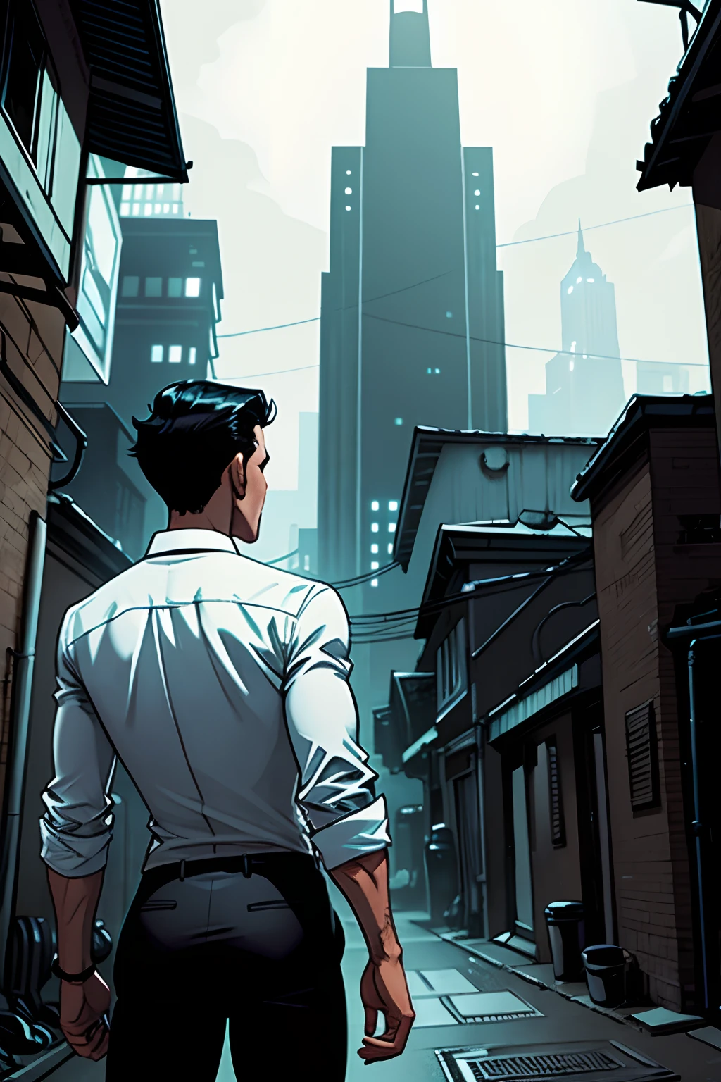 backside view, skinny guy, short black hair, wearing a white office shirt, creepy gotham city alley background, night time