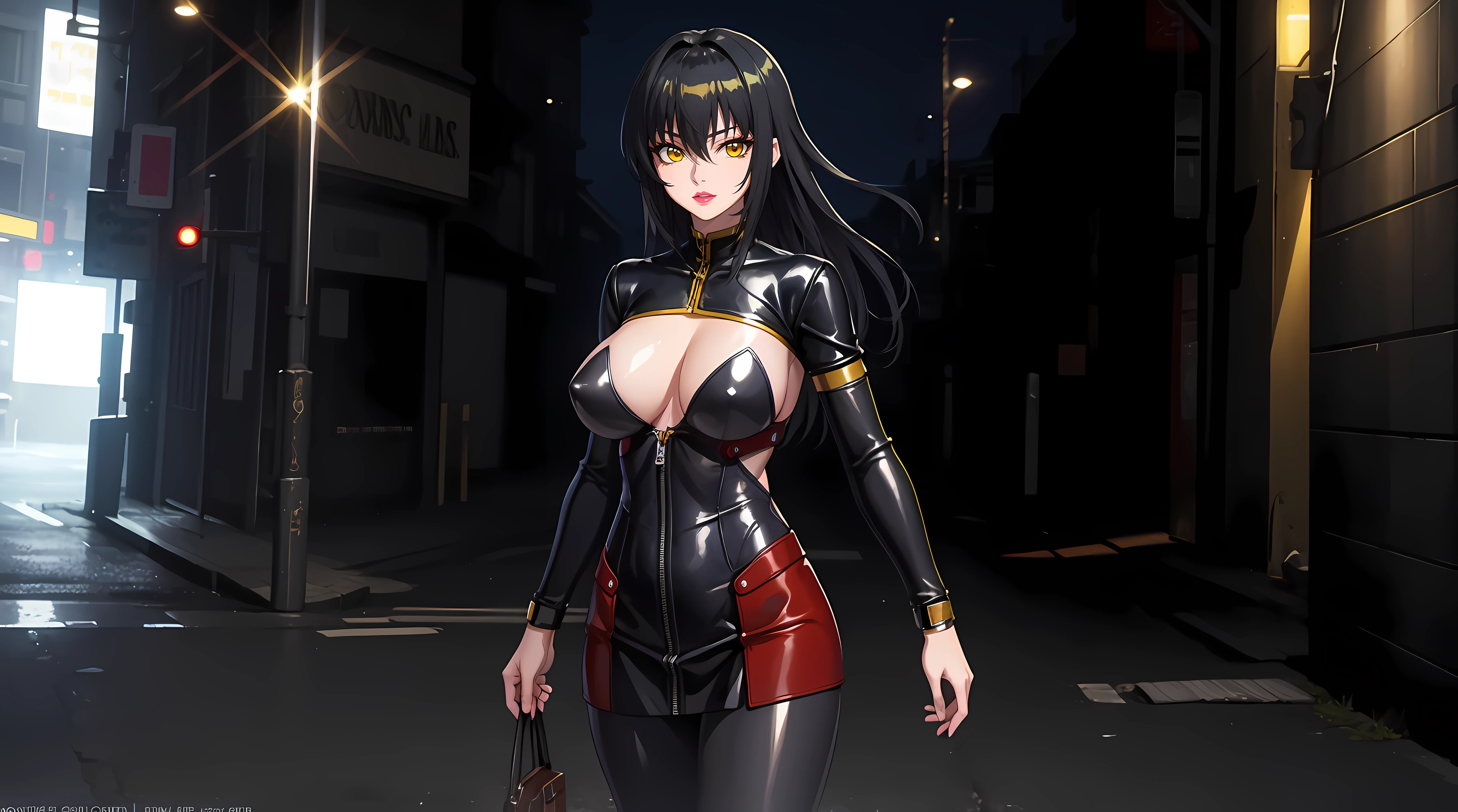 (masterpiece:1.4),(best quality:1.4),  soft lighting, cinematic bloom, beautiful face, beautiful eyes, cowboy shot,
Annerose, 1girl, solo, female mature, black hair, long hair, (yellow eyes:1.4), large breasts, bodysuit, higheels, shiny clothes, skin tight, hair intakes, covered breasts, sideboob, exquisite eyes detail, exquisite character design unity details 8k hdr, professional art, landscape, (solo:1.5, cowboy shot:1.5)